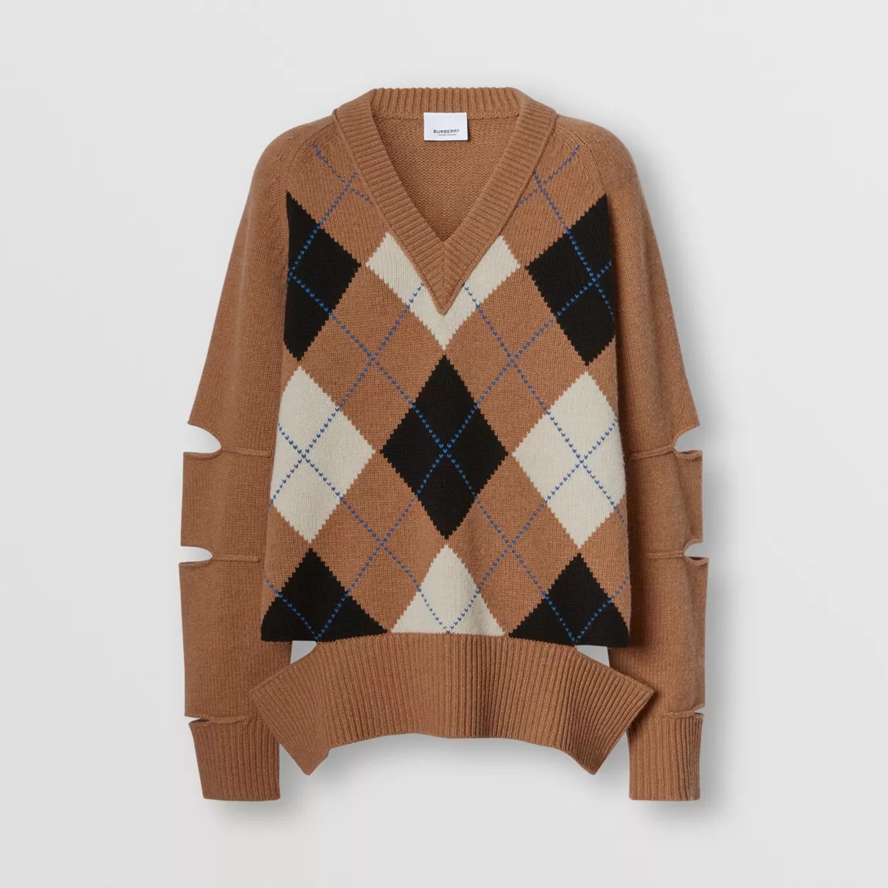 Cut-out Detail Argyle Intarsia Wool Cashmere Sweater - 1