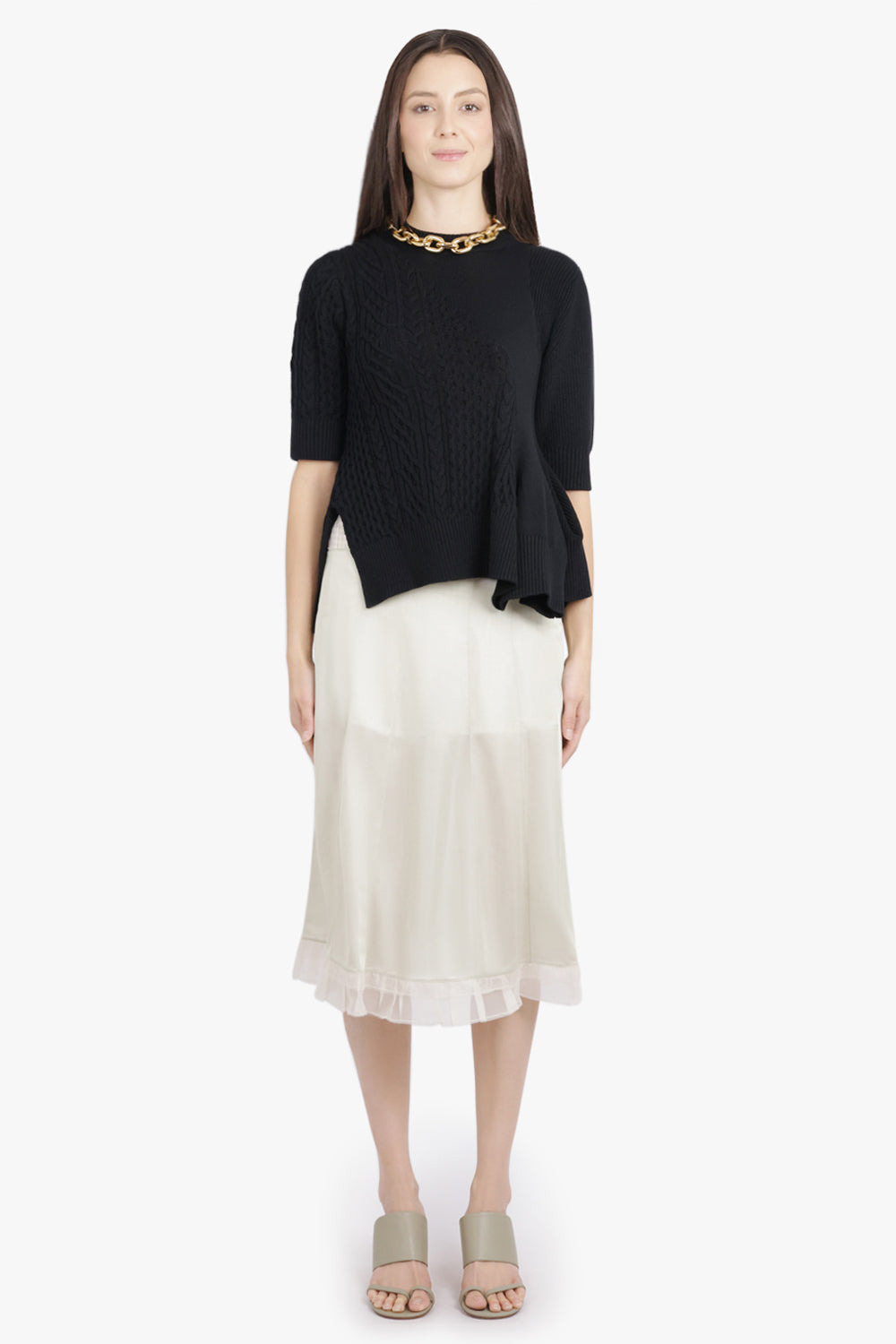 3/4 SLEEVE CHAIN KNIT WITH ASYMMETRIC HEM DETAIL | BLACK - 4