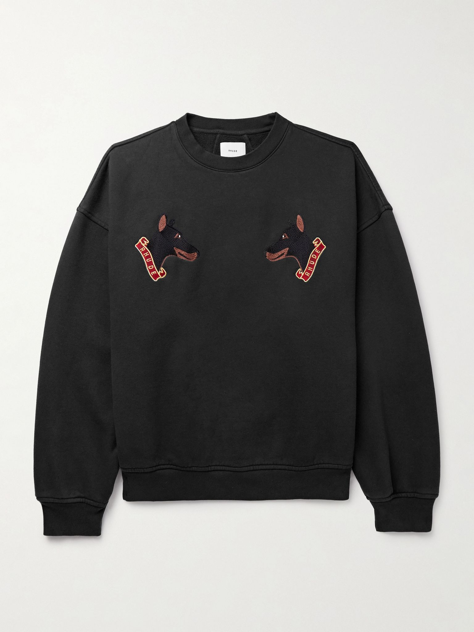 London Hound Embroidered Cotton-Jersey Sweatshirt Black - 1