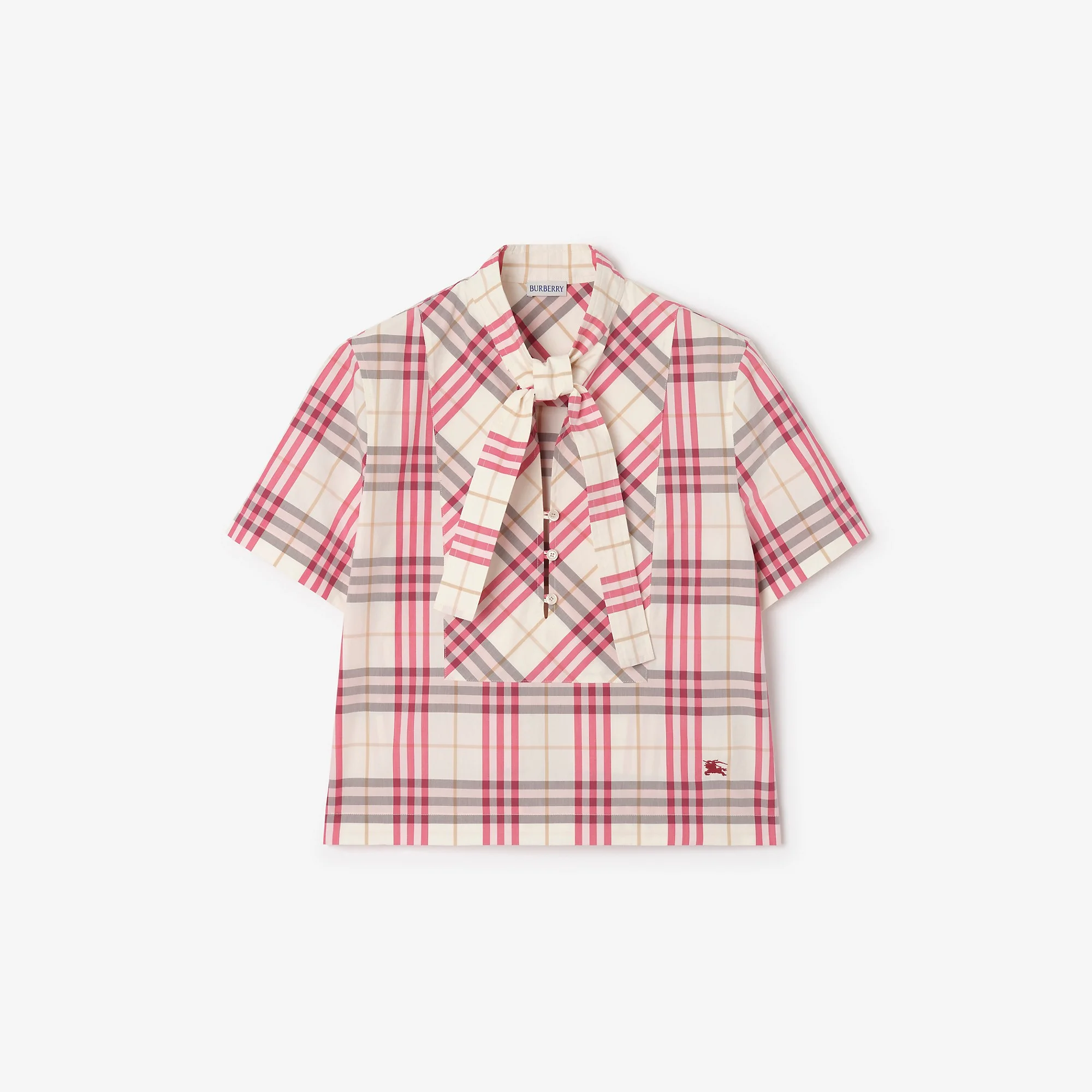 Cropped Check Cotton Scarf Blouse - 1