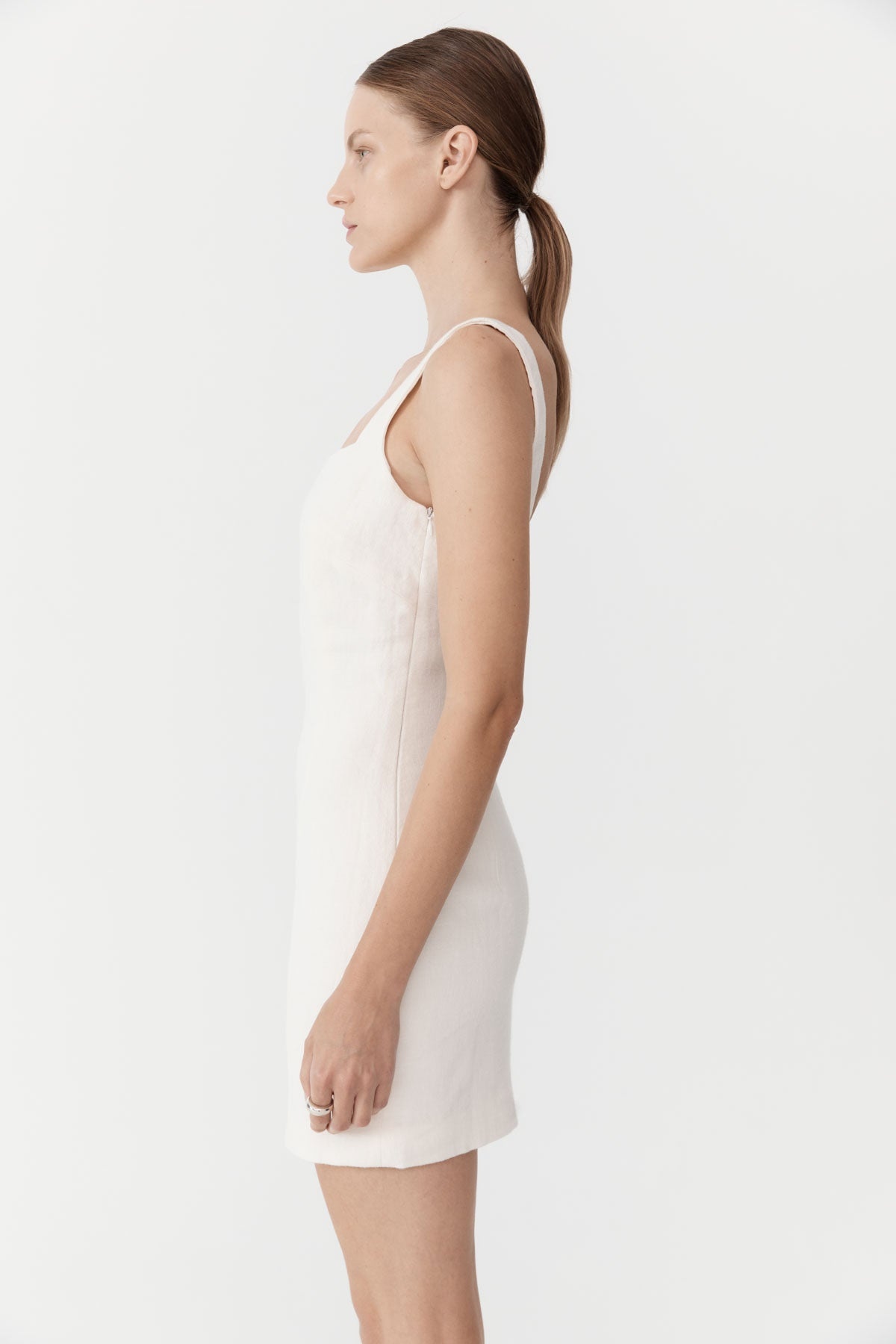 Linen Square Neck Mini Dress - Ivory - 4