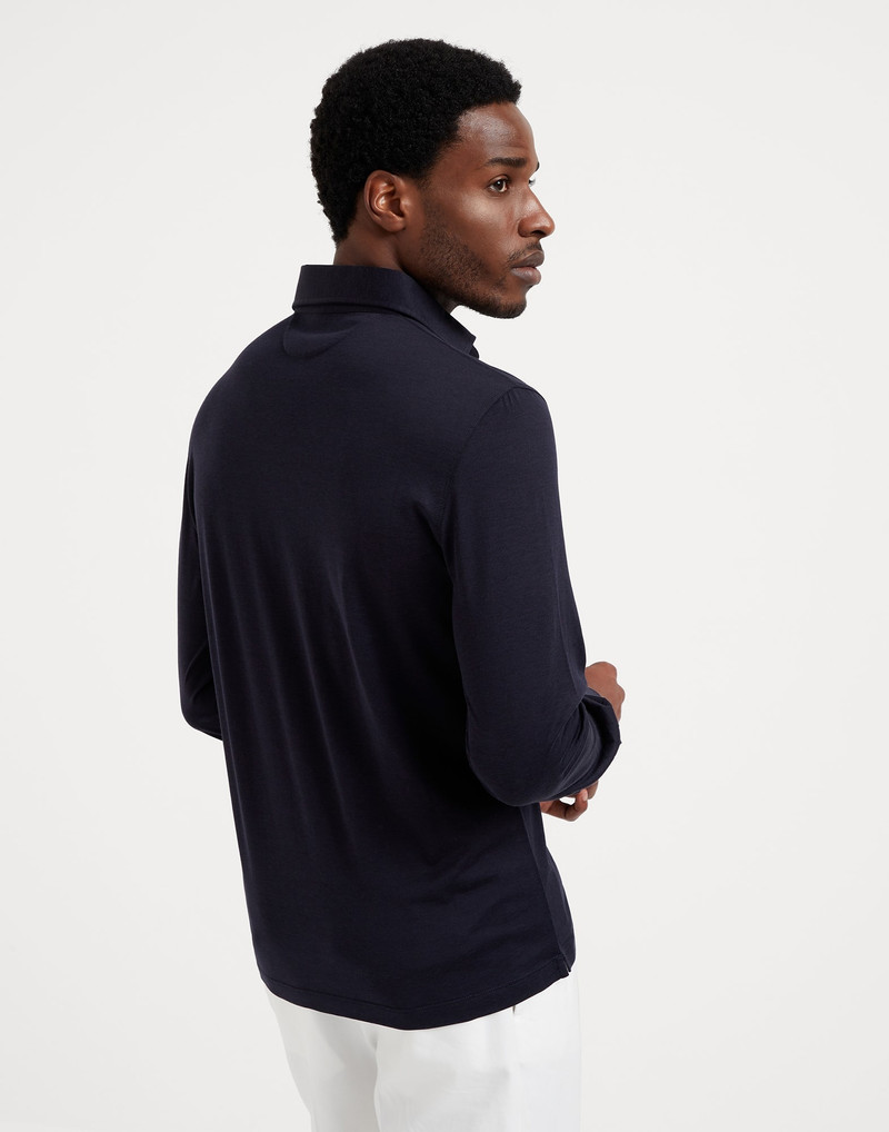 Brunello Cucinelli Silk and cotton lightweight jersey long sleeve polo with shirt-style collar outlook