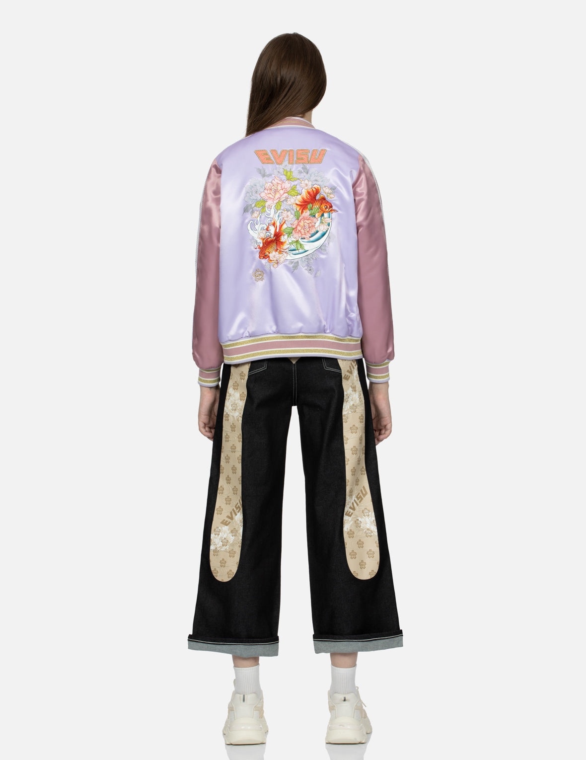 Goldfish and Floral Flow Embroidery Color-blocking Loose Fit Souvenir Jacket - 5