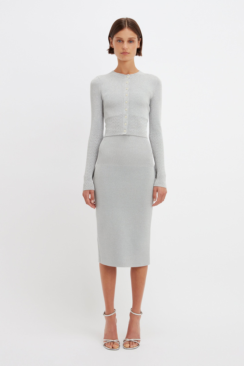 Victoria Beckham VB Body Cropped Fitted Cardigan in Silver outlook