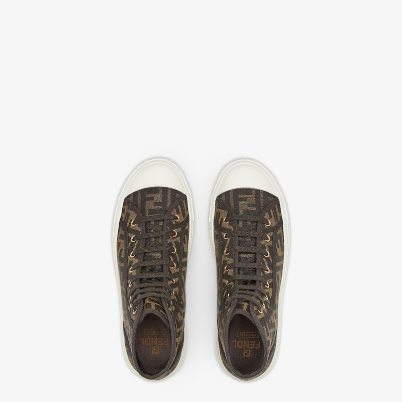 Compact, light design Fendi Domino sneakers. Made of canvas with jacquard FF motif in shades of brow 4