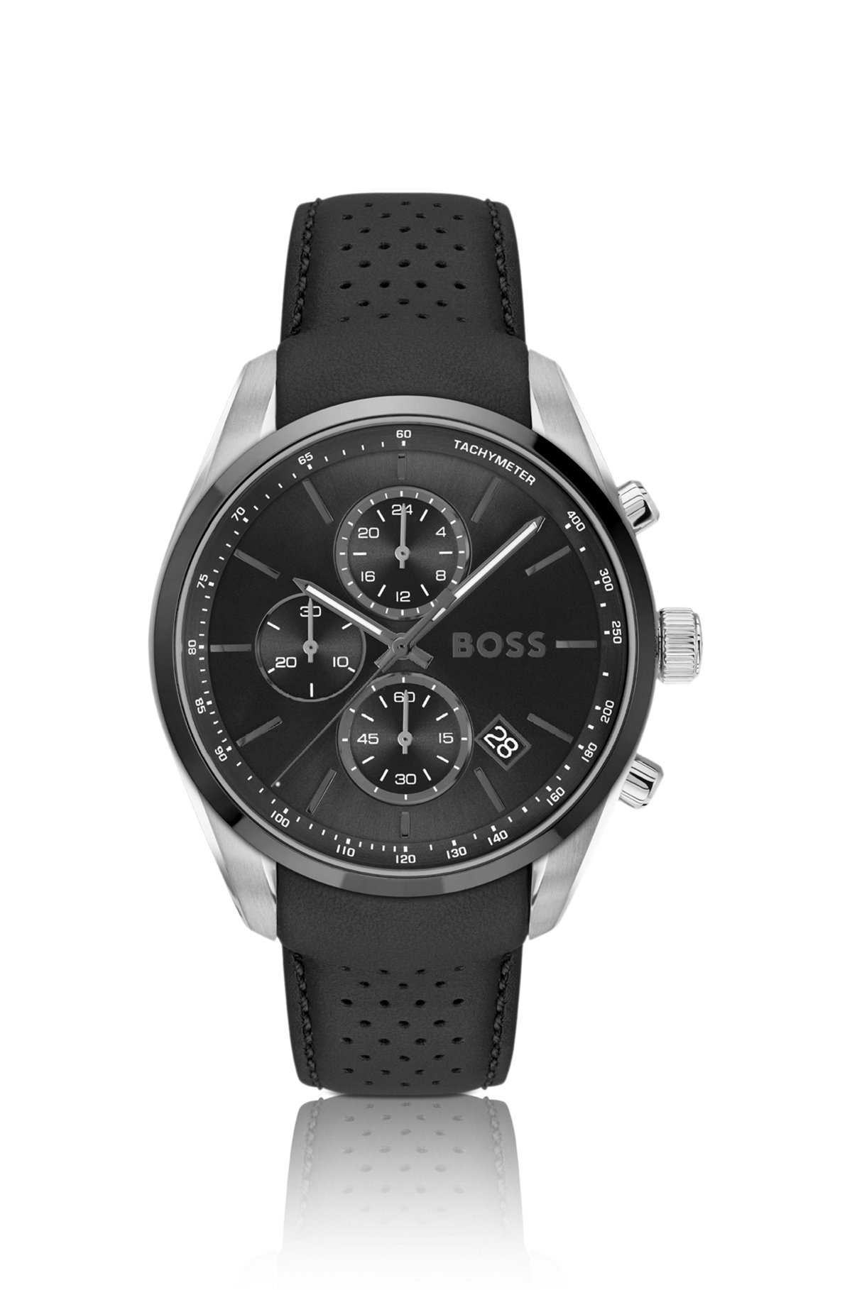 BLACK-PLATED CHRONOGRAPH WATCH WITH GRAY LEATHER STRAP - 1