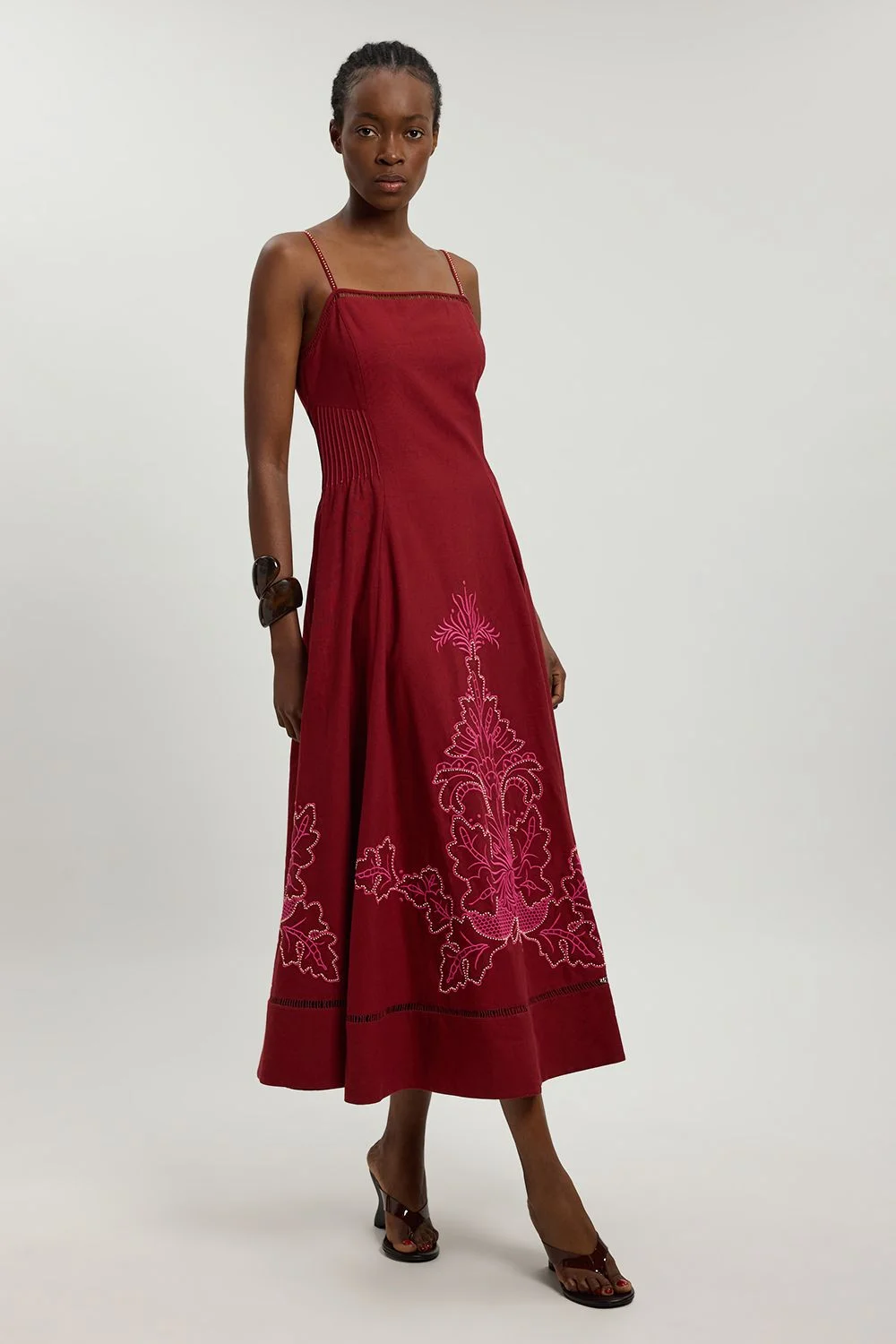 Linen Blend Beaded Cutwork Strappy Midi Dress - 1