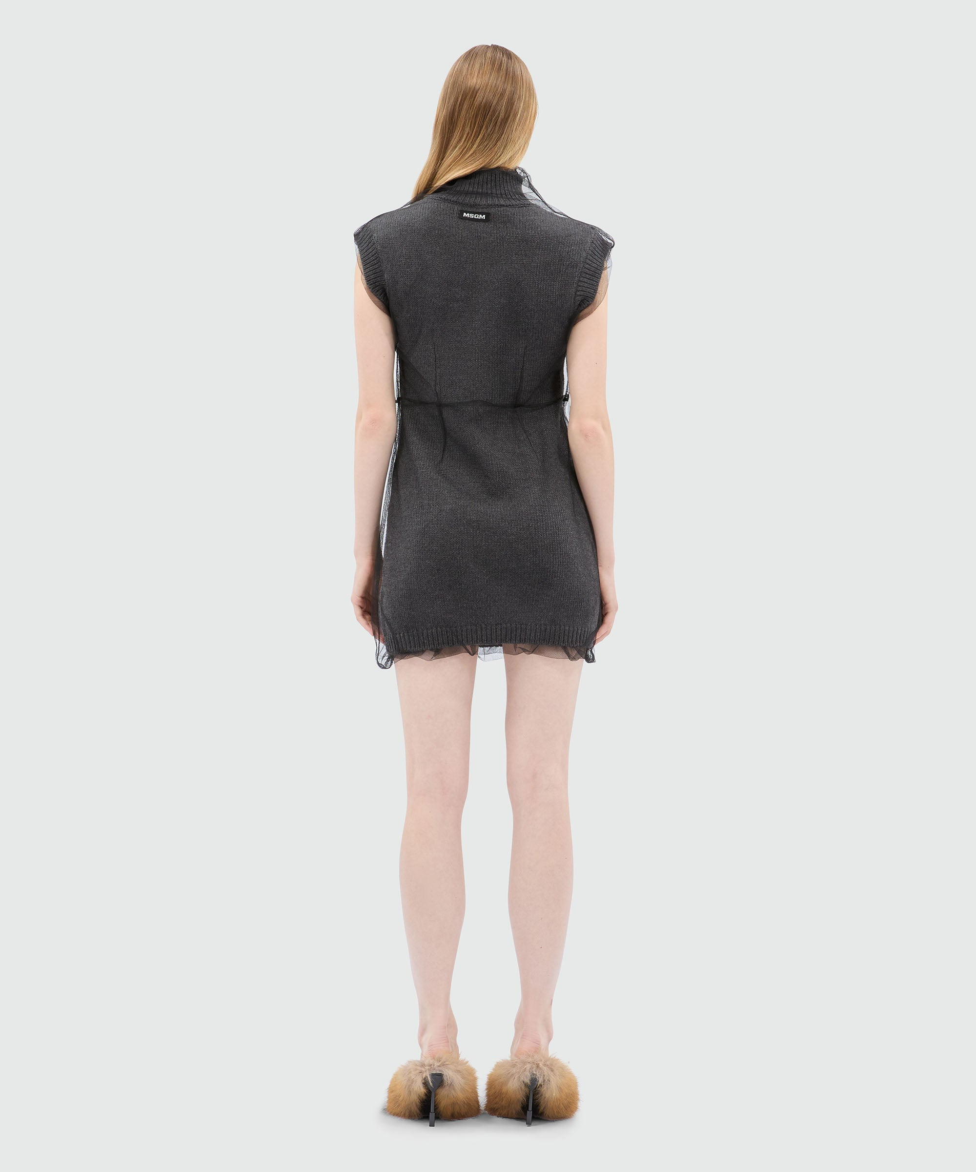 Short sleeveless anthracite knitted dress with tulle overlay - 3