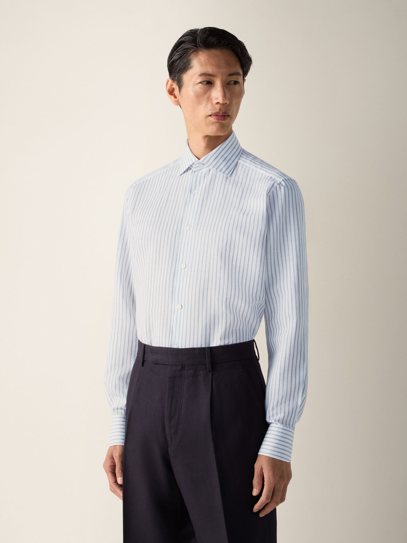 DARK INDIGO BLUE AND WHITE STRIPED COTTON LINEN AND SILK SHIRT 3