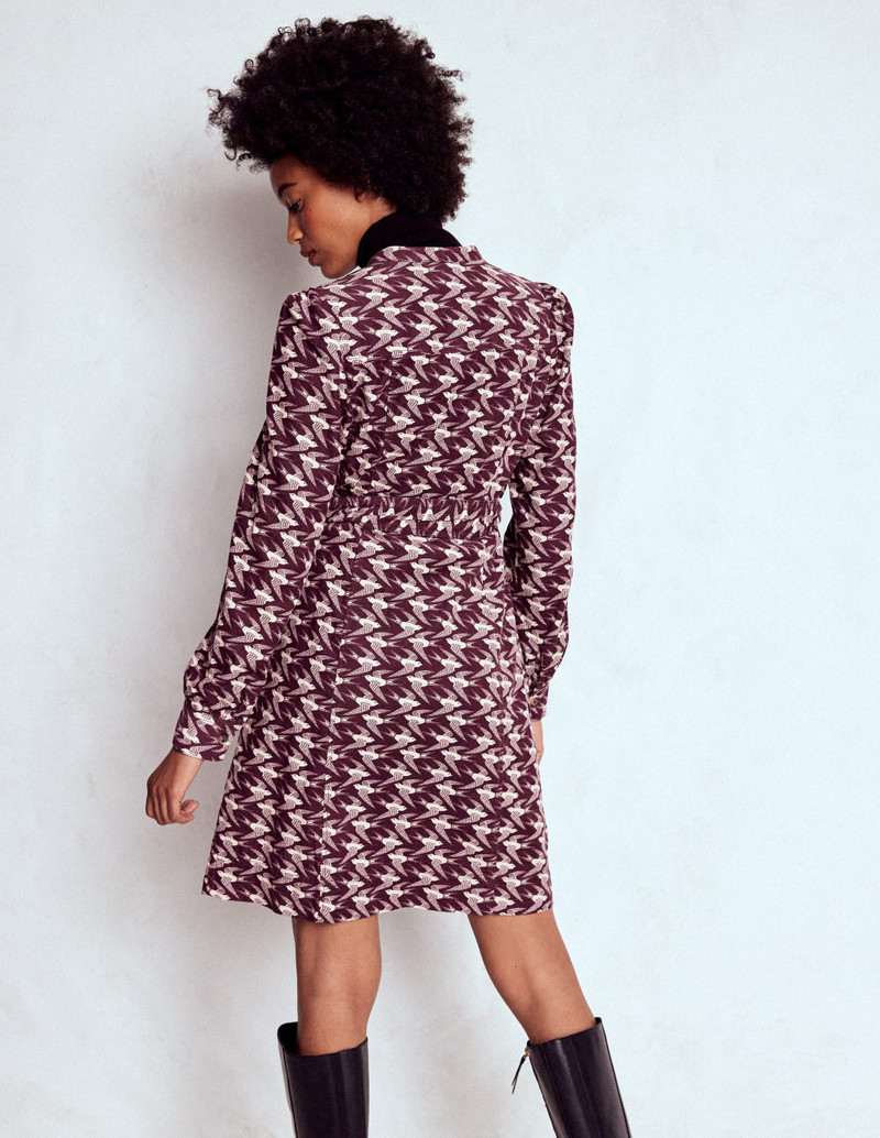 Bre Cord Short Dress-Dark Cherry, Swooping Swallow 4