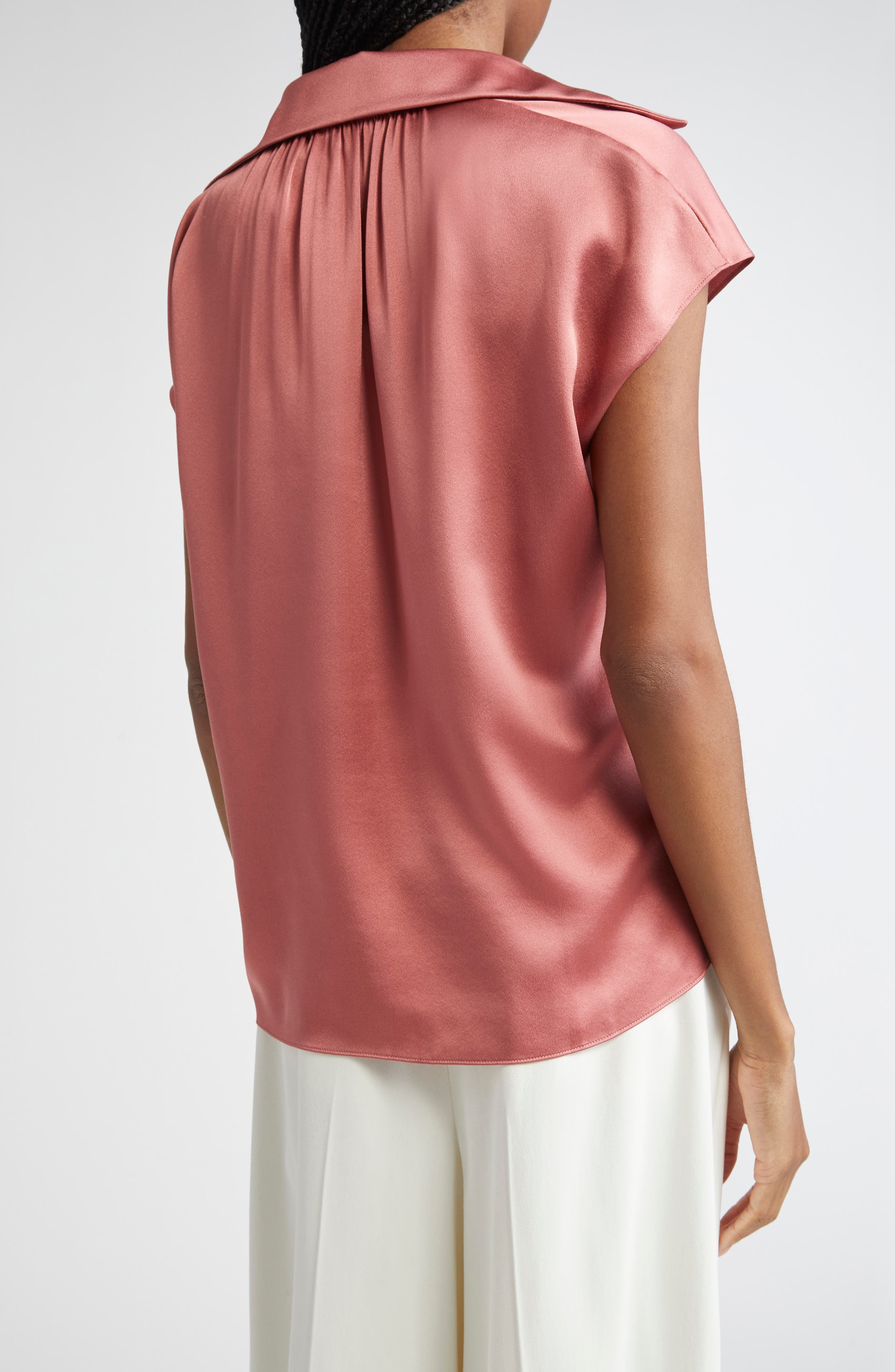 Vince Cap Sleeve Gathered Back Short Sleeve Silk Button-Up Shirt in Peony Wood at Nordstrom - 2