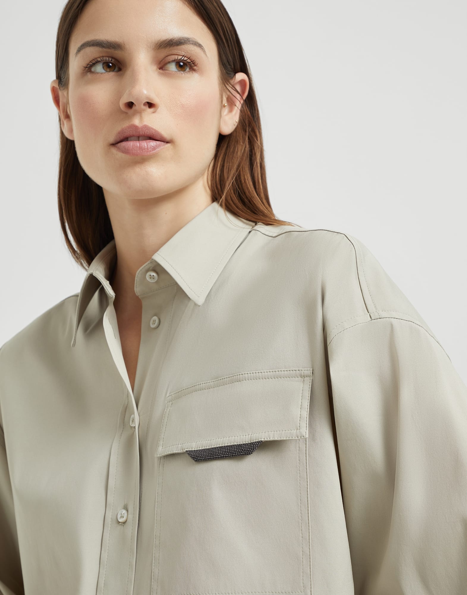 Stretch cotton poplin cropped shirt with shiny flap detail - 3
