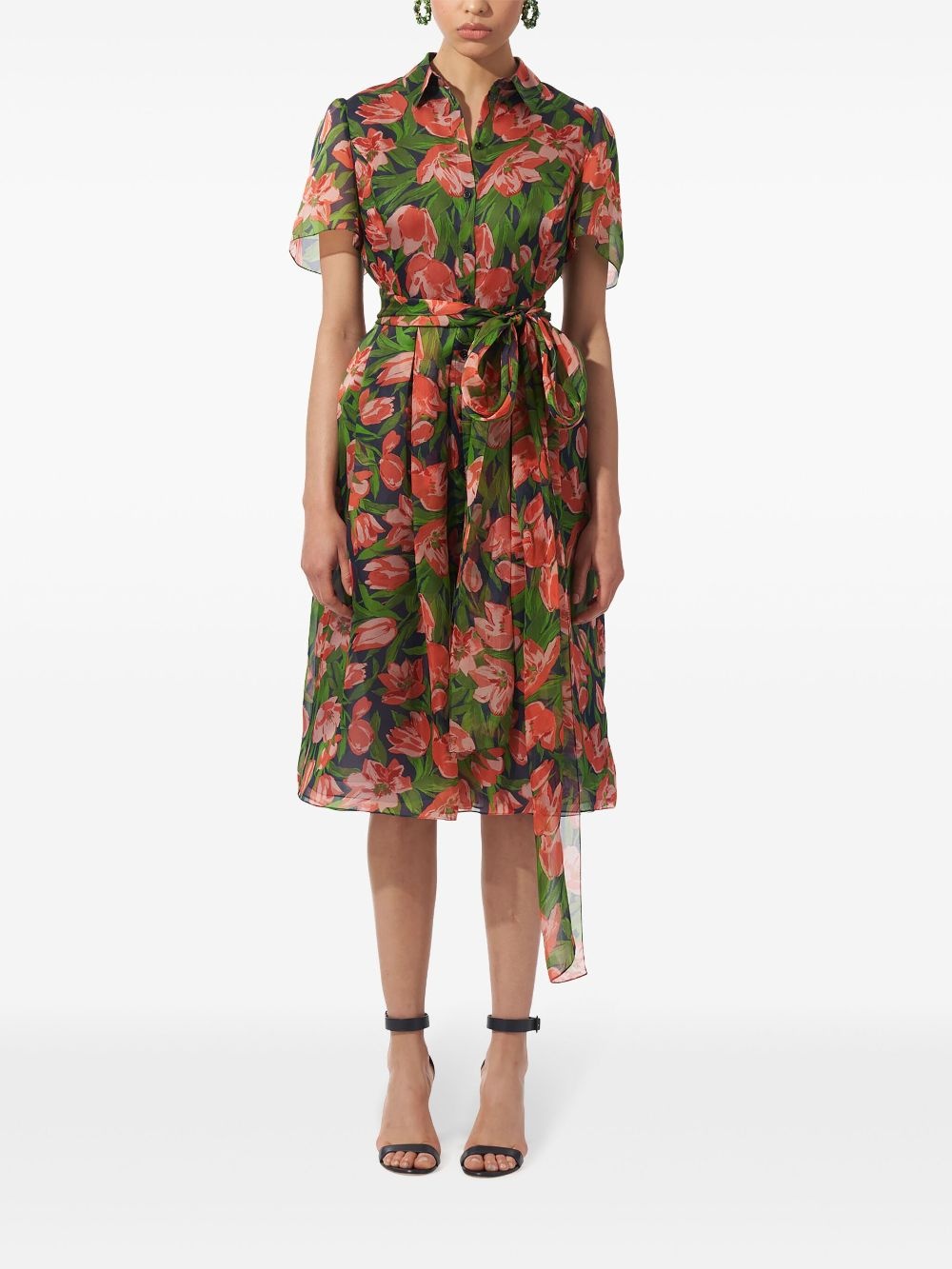 tulip-print silk shirt dress - 2
