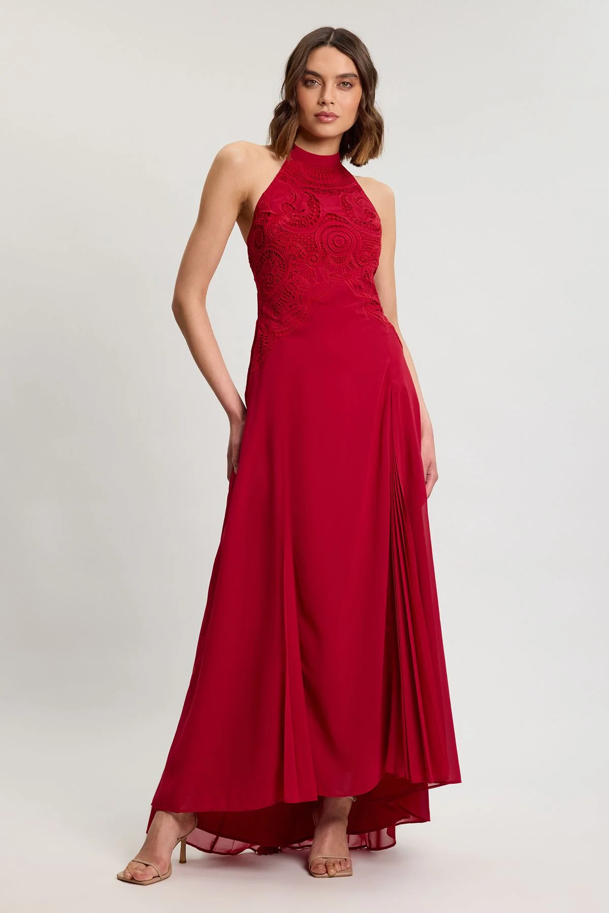 Cutwork Embroidered Woven Maxi Dress With Pleated Godets - 1