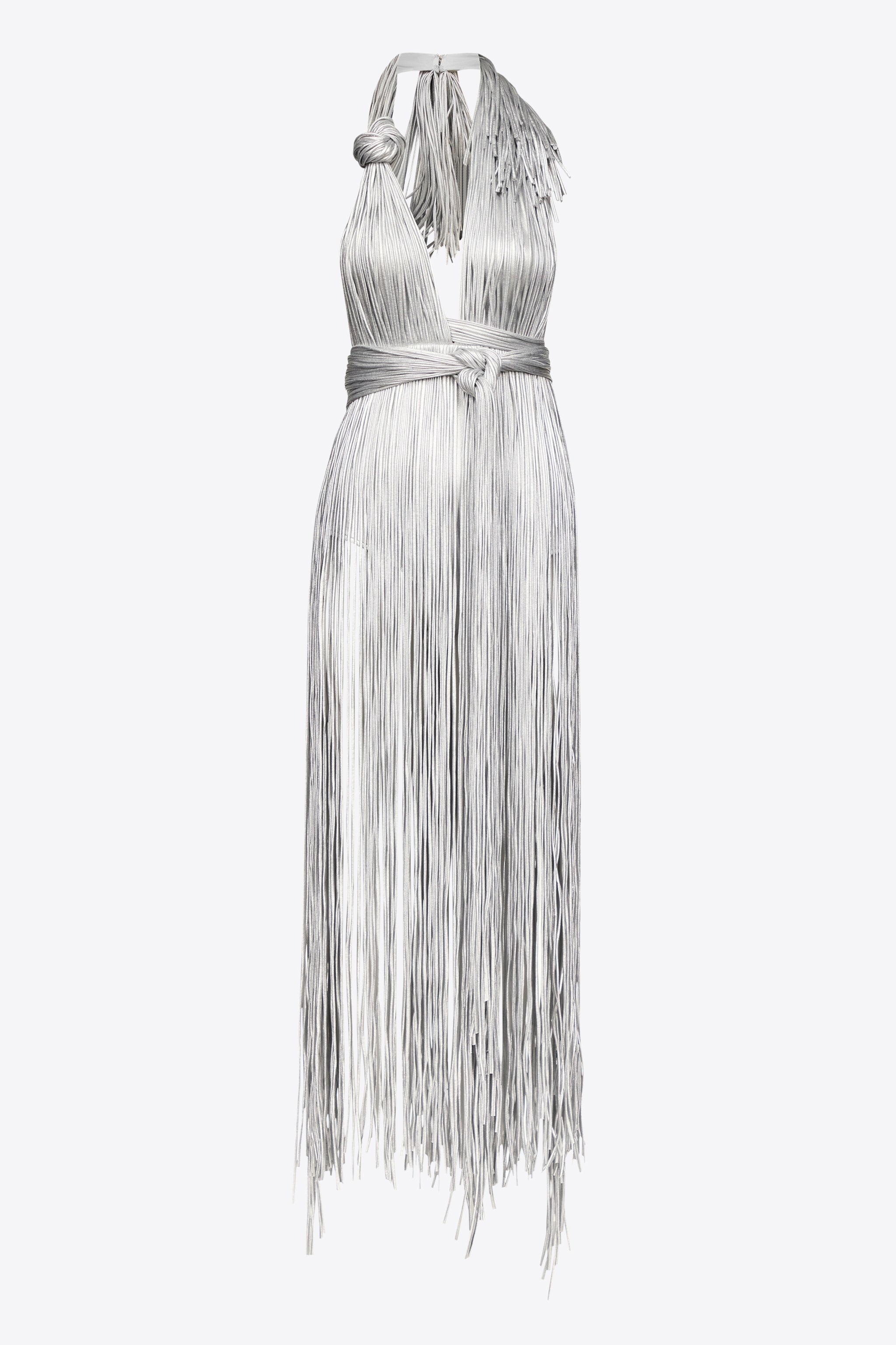 METALLIC FRINGE HALTER MIDI DRESS - 1