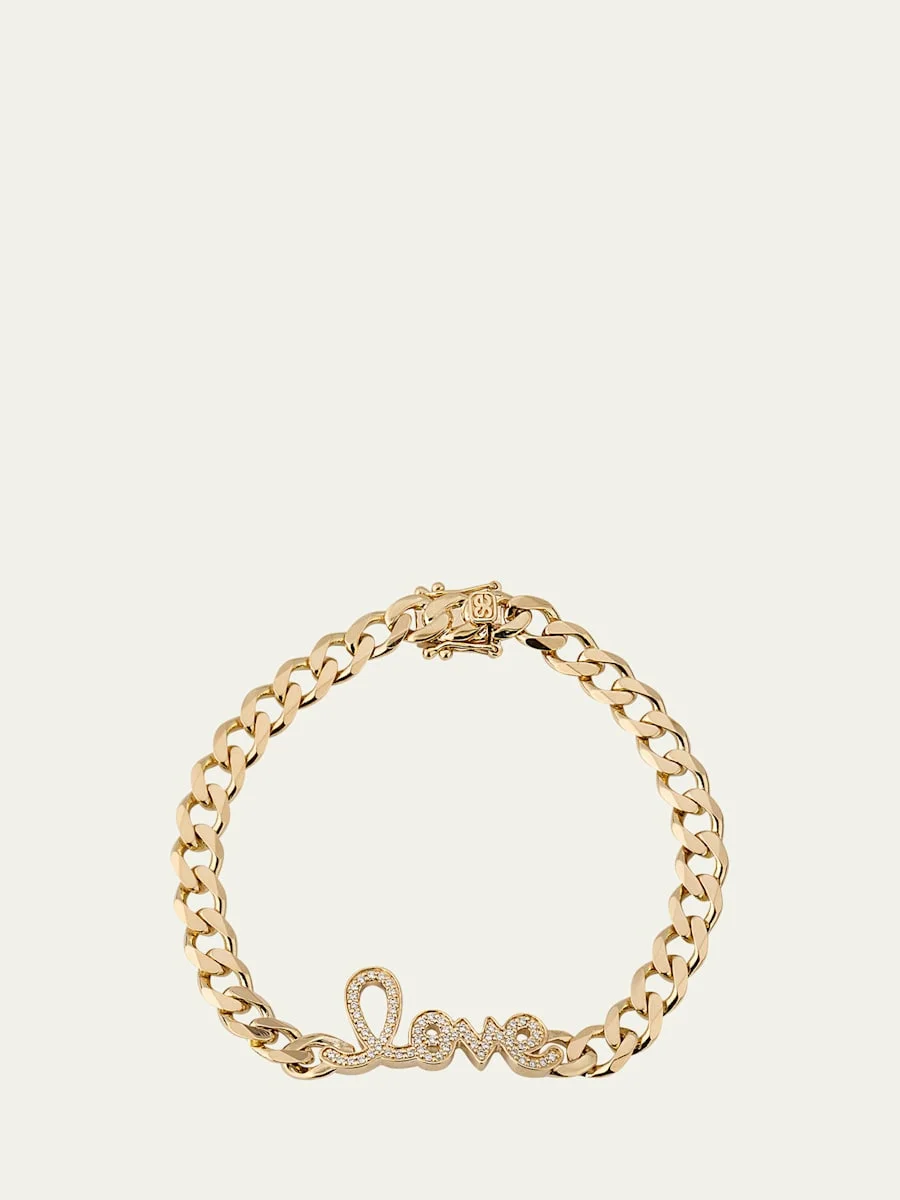 14K Yellow Gold and Diamond Love Script Curb Link Chain Bracelet - 1