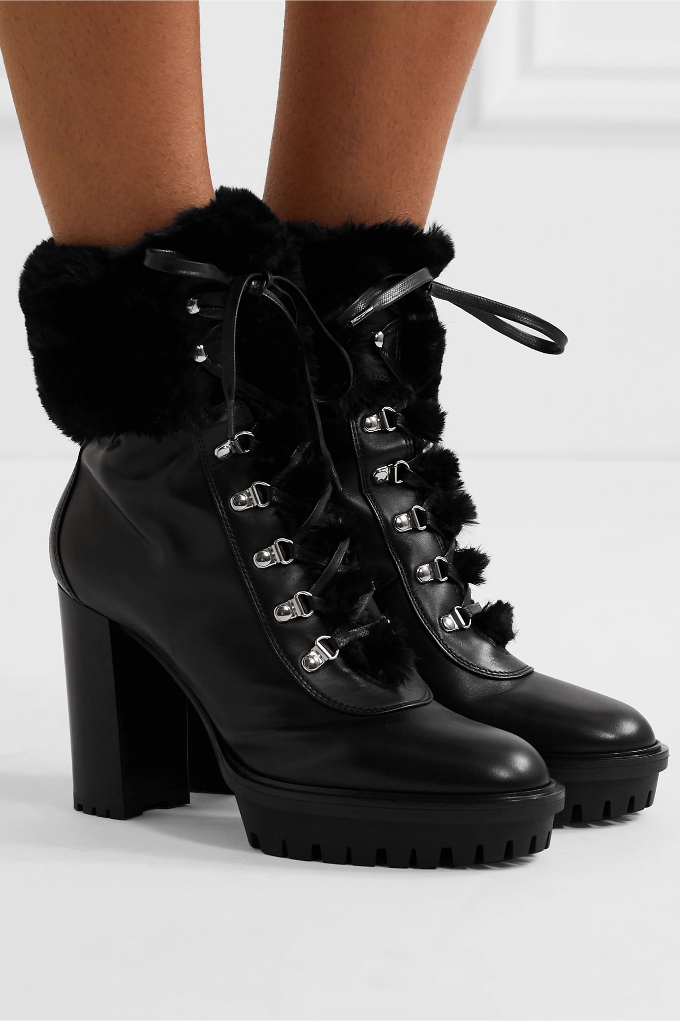 100 faux fur-trimmed leather platform ankle boots - 2