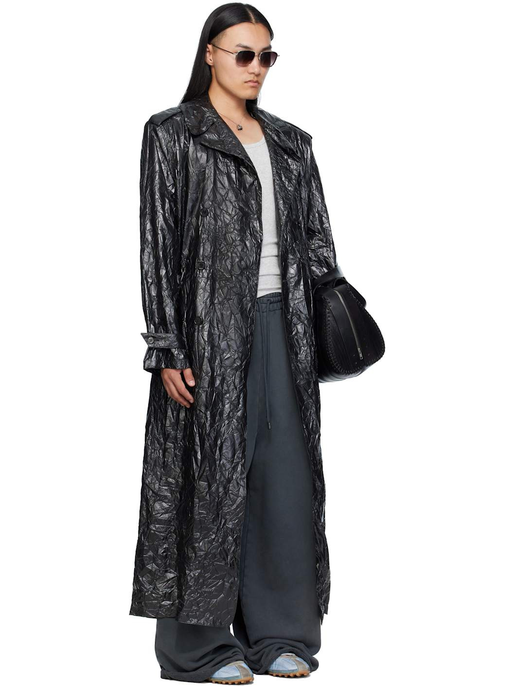 Black Crumple Trench Coat - 2