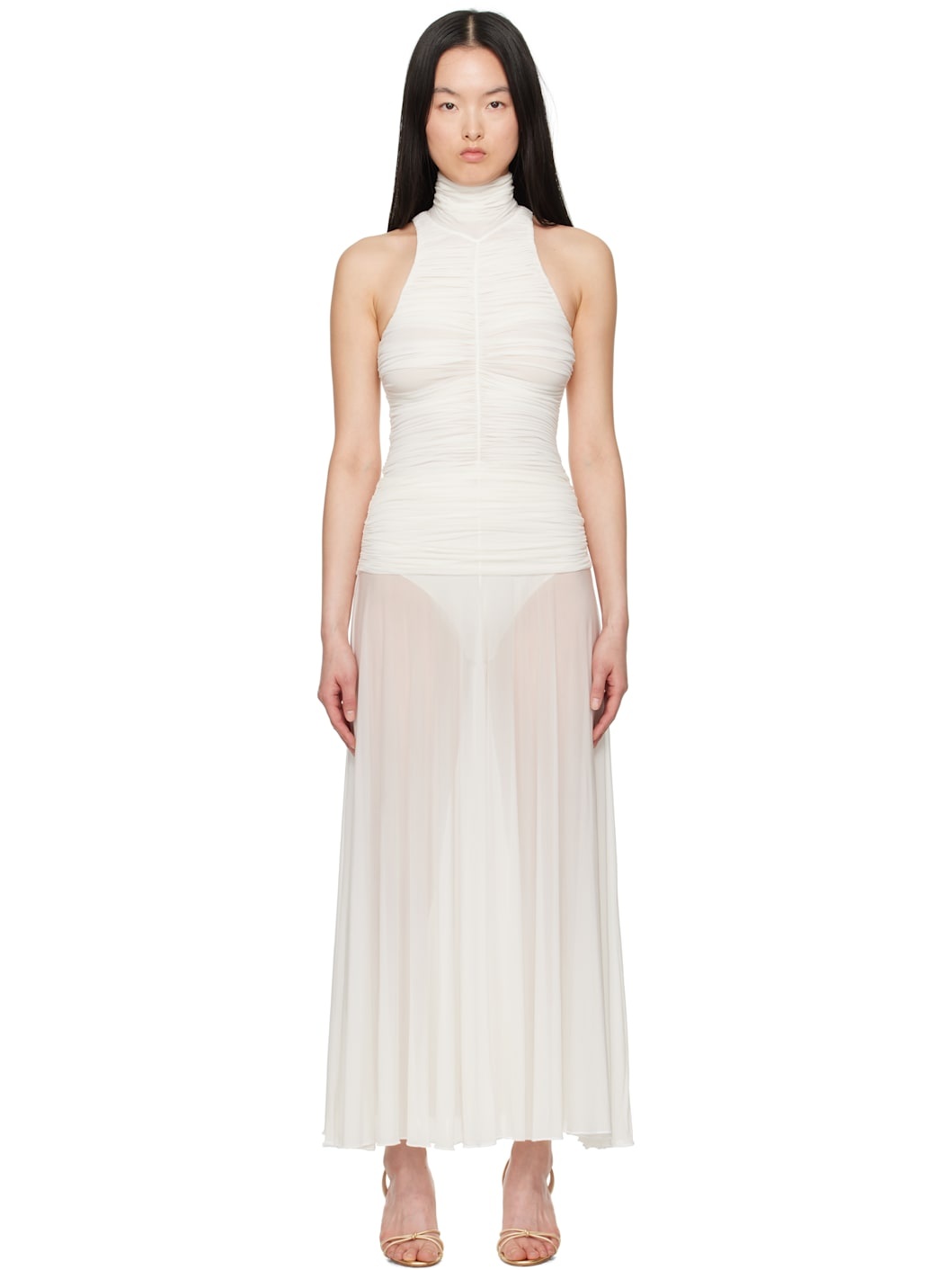 White Ruched High Neck Maxi Dress - 1