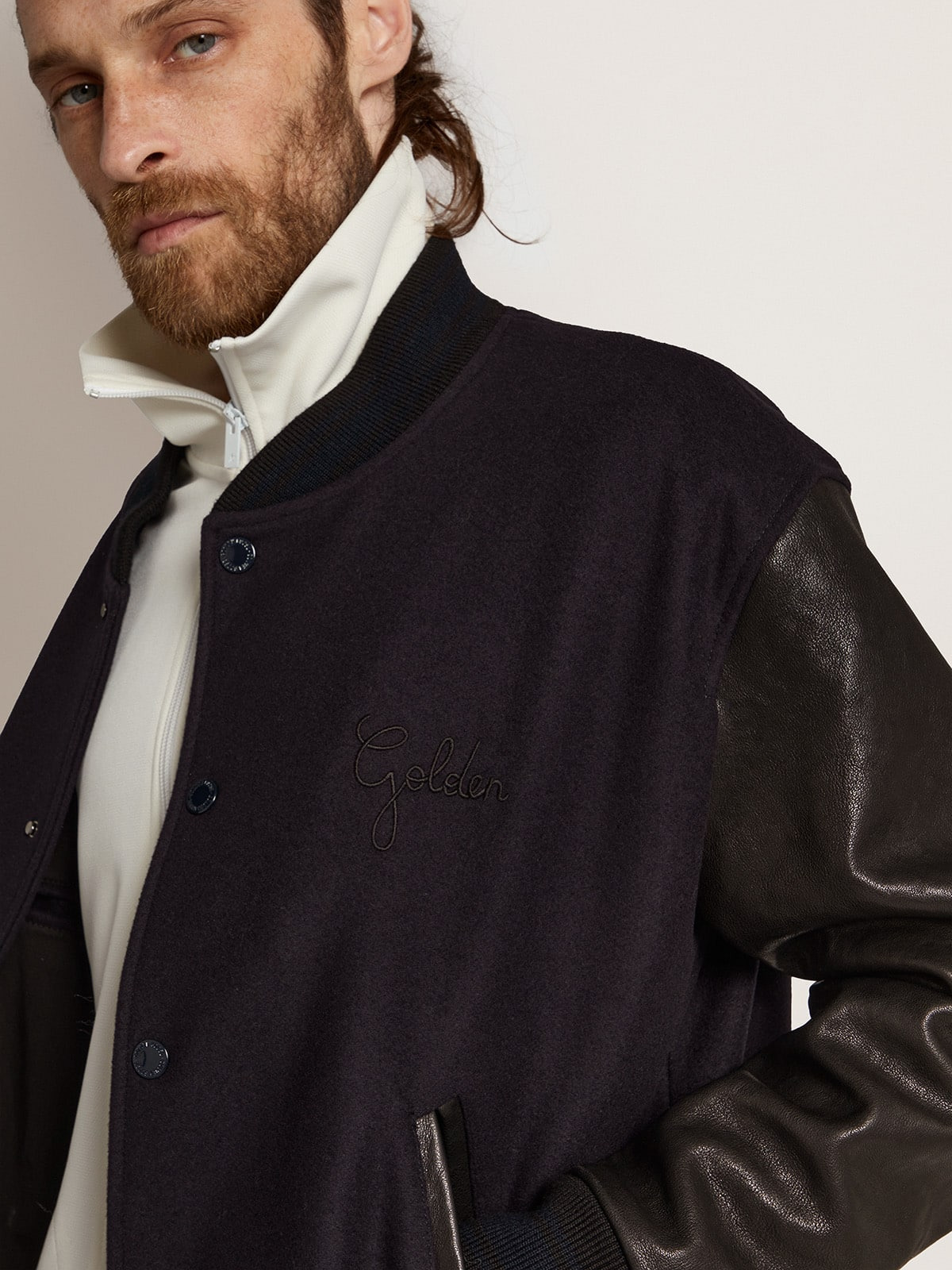 Men's bomber jacket in dark blue wool with leather sleeves - 5