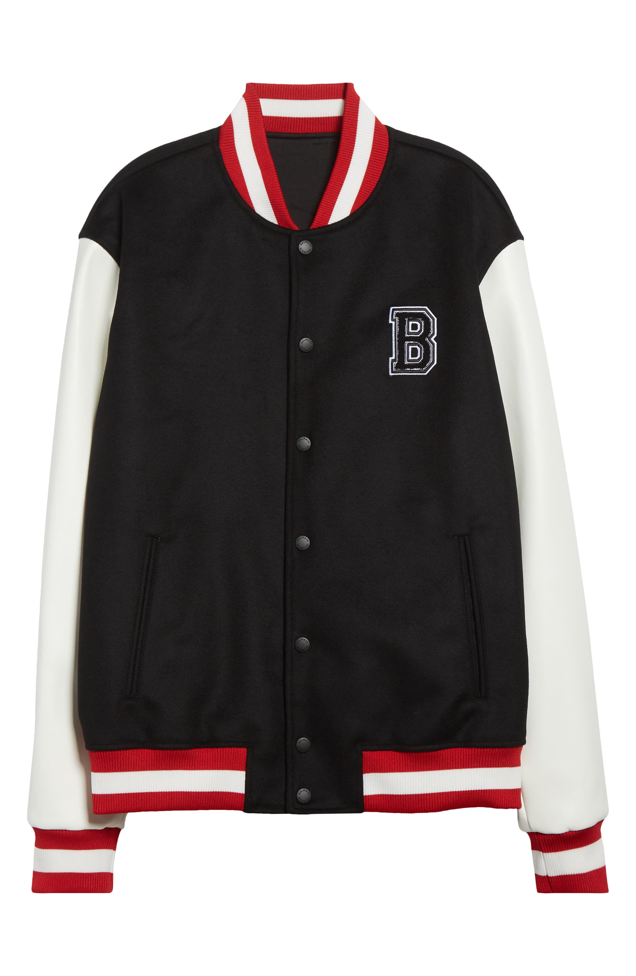 Balmain Logo Embellished Virgin Wool & Faux Leather Varsity Jacket in Ebe Black/White/Red at Nordstr - 6