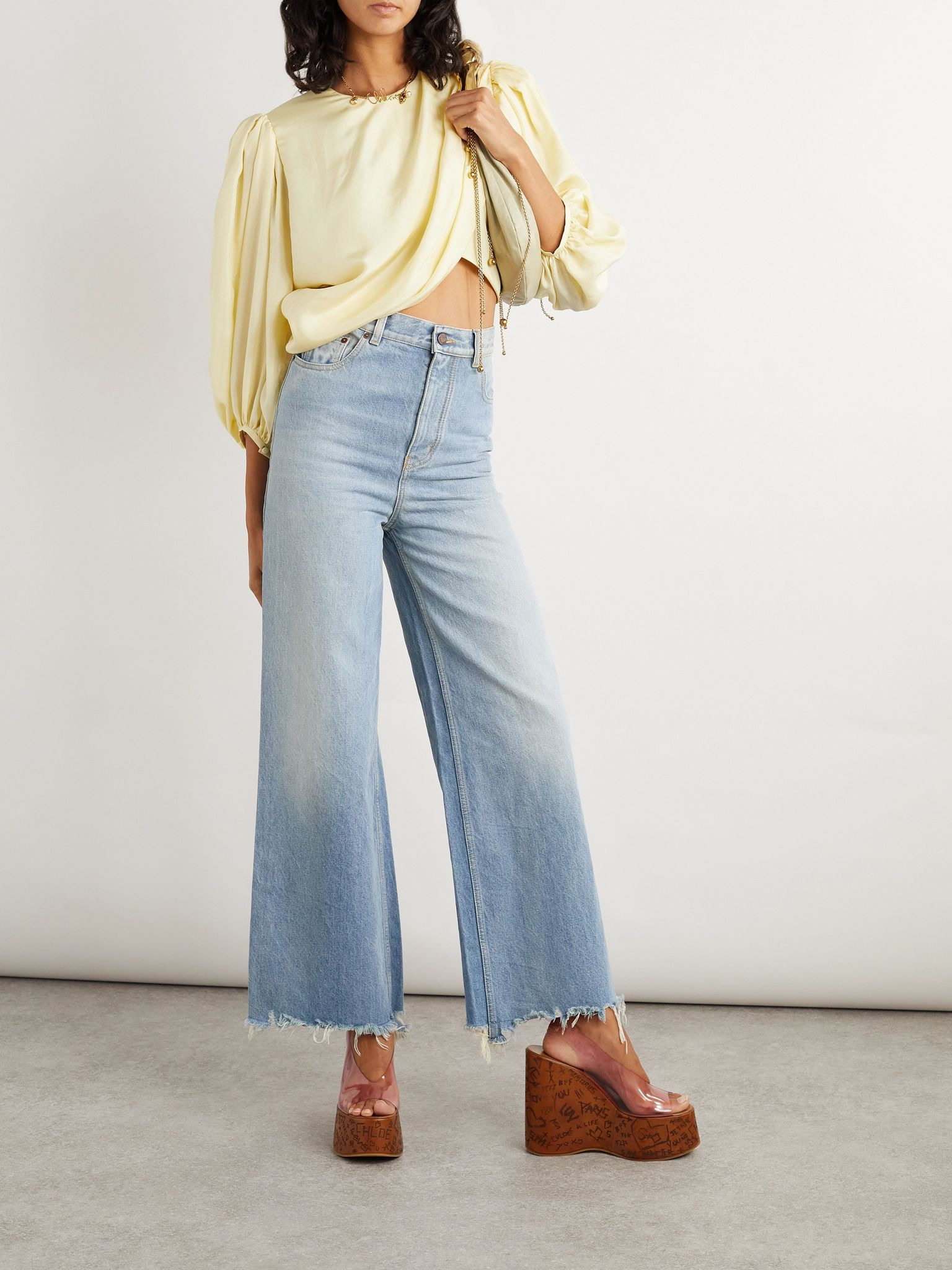 Draped wrap-effect cropped silk-satin blouse Yellow - 2