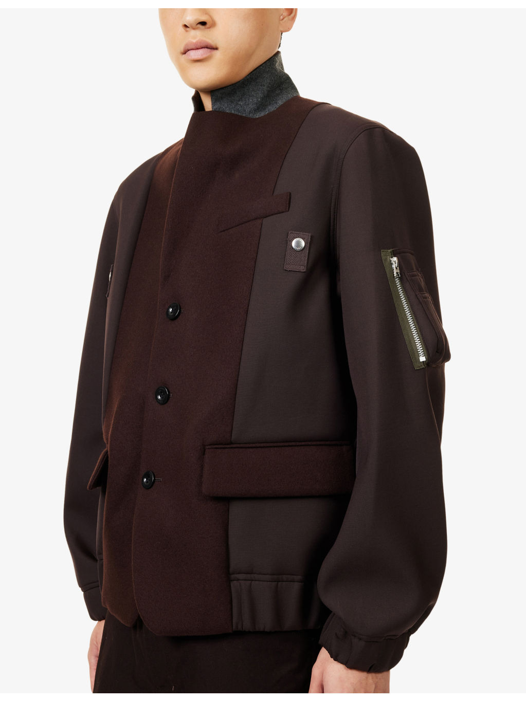 Contrast-Panel Notch-Lapels Wool Jacket - 5