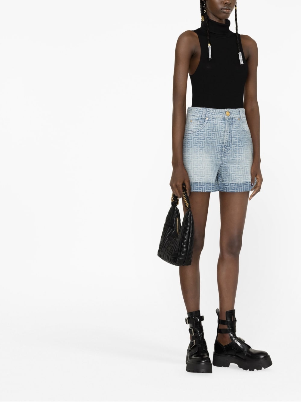 monogram-print cotton denim shorts - 2