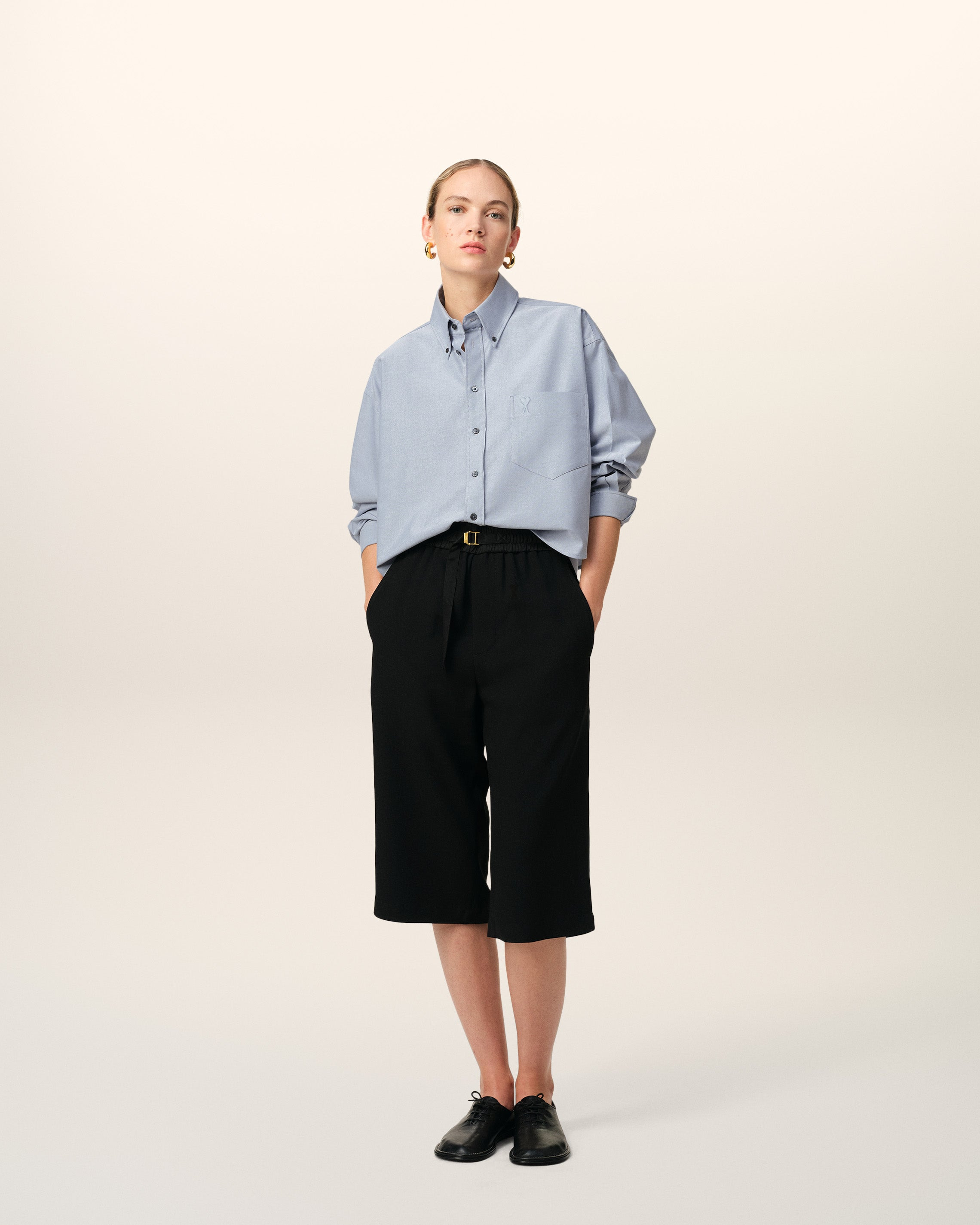 AMI Paris BLUE COTTON BUTTON-DOWN CROPPED OVERSIZED SHIRT