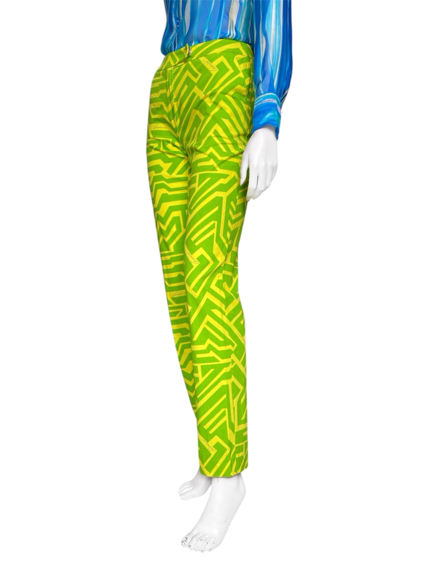 Gucci Spring 1996 Tom Ford Green Geometric Print Denim Trousers Pants 38 - 14