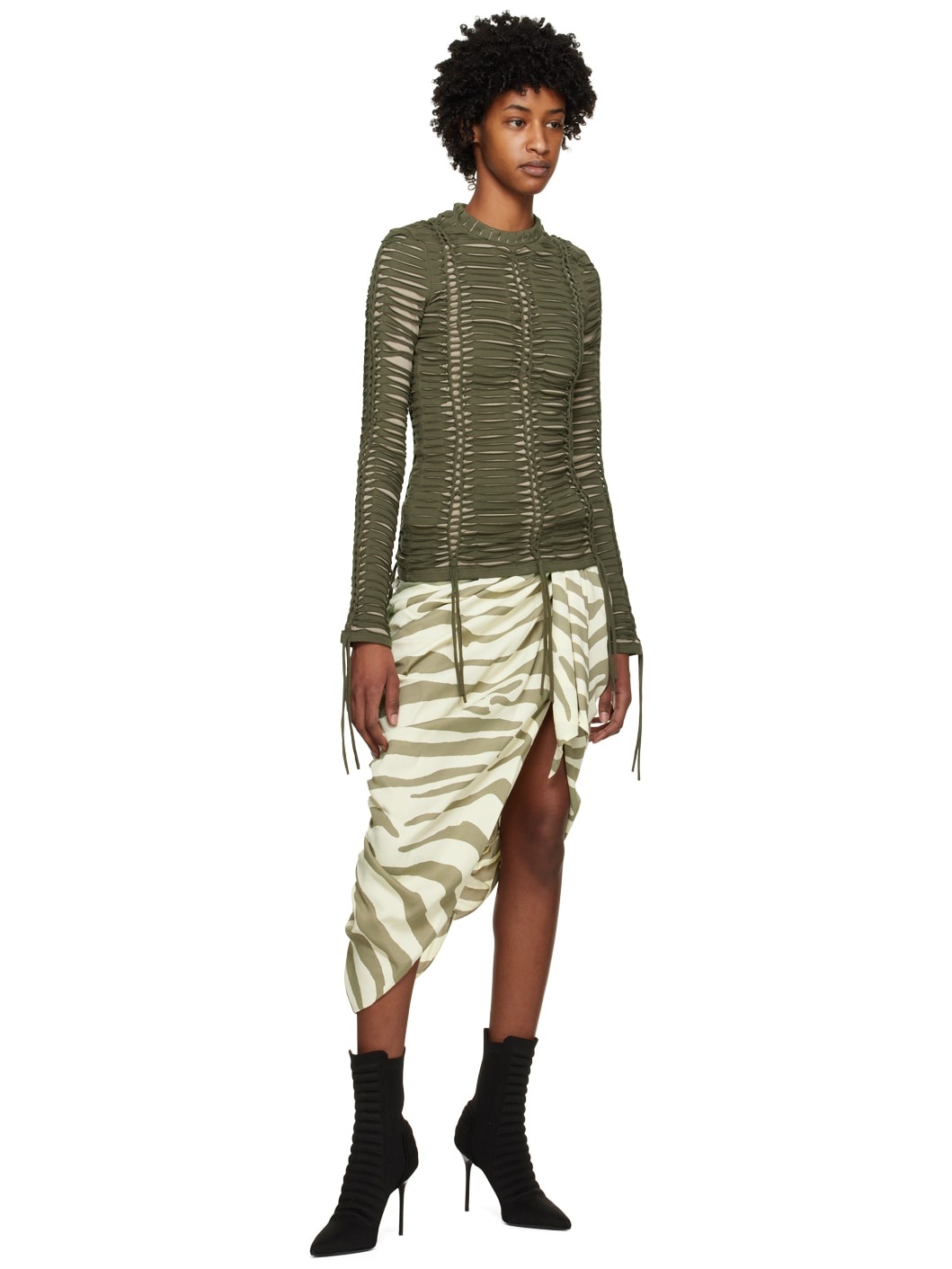 Beige & Khaki Zebra Print Midi Skirt - 4