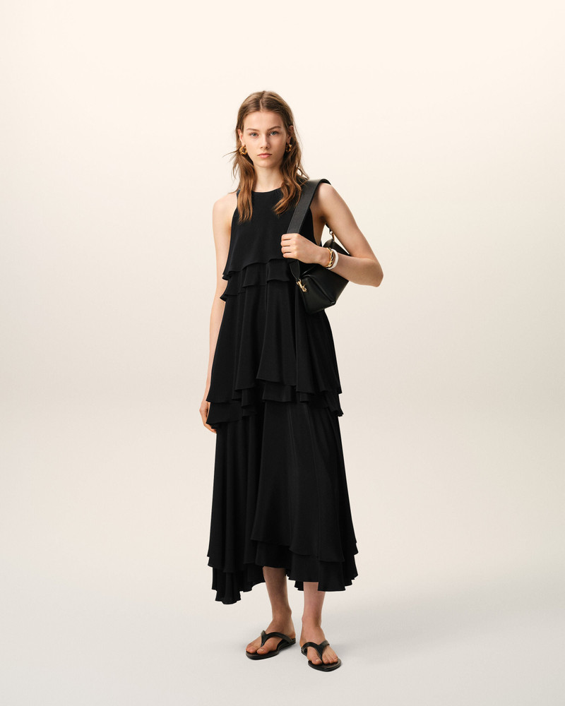 AMI Paris BLACK BLENDED SILK LONG DRESS WITH RUFFLES outlook