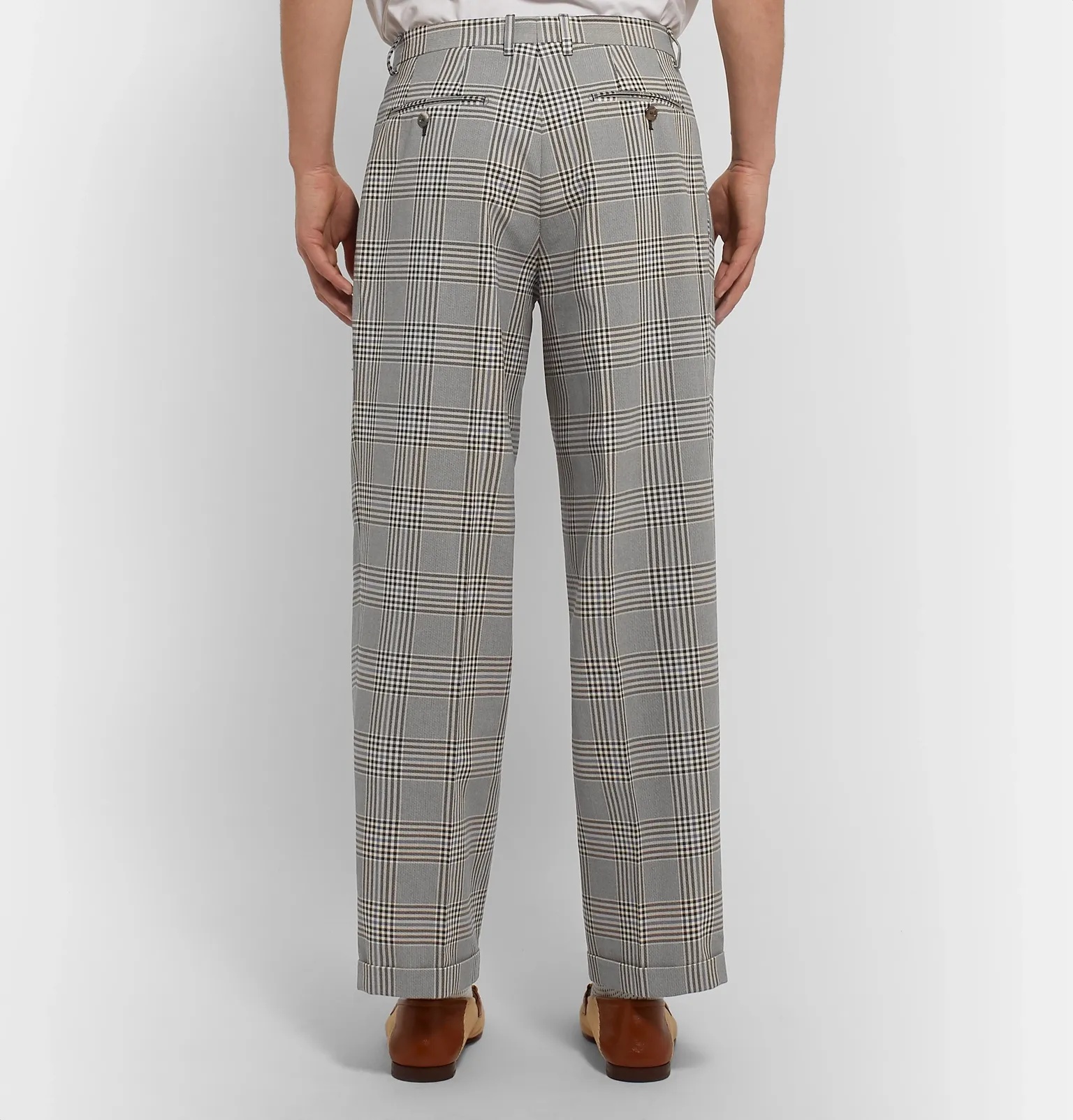 Grey Pleated Prince of Wales Checked Cotton Trousers - 5