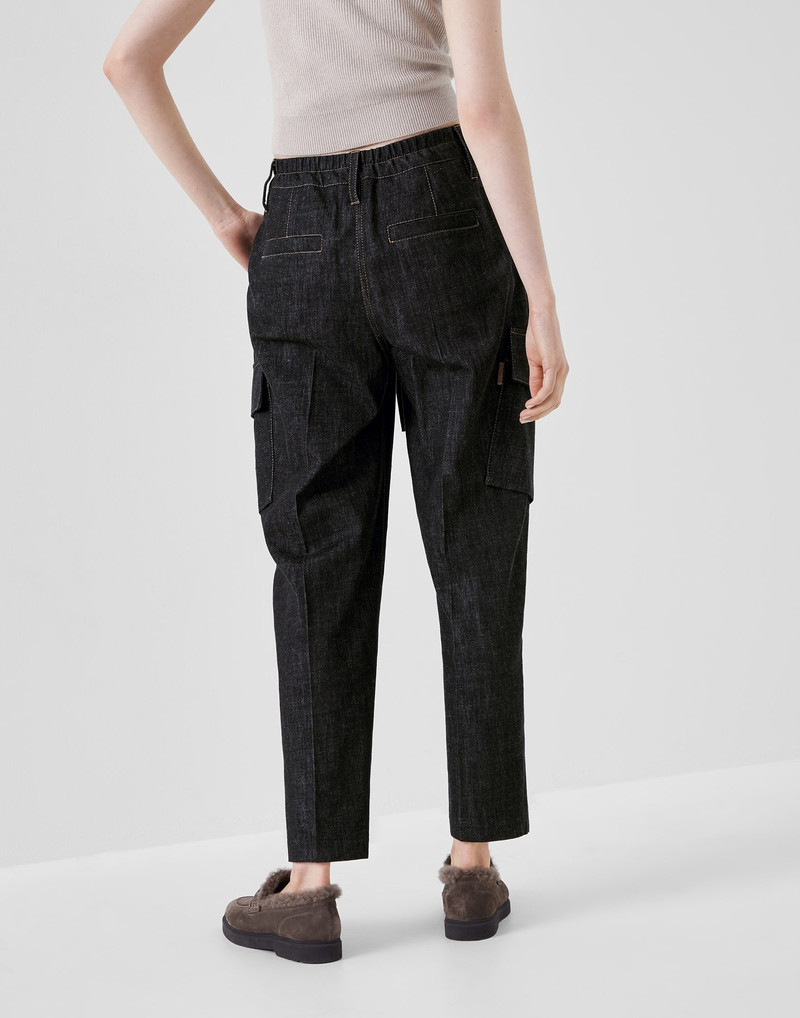 Brunello Cucinelli Dark polished denim baggy utility trousers with drawstring and shiny tab outlook