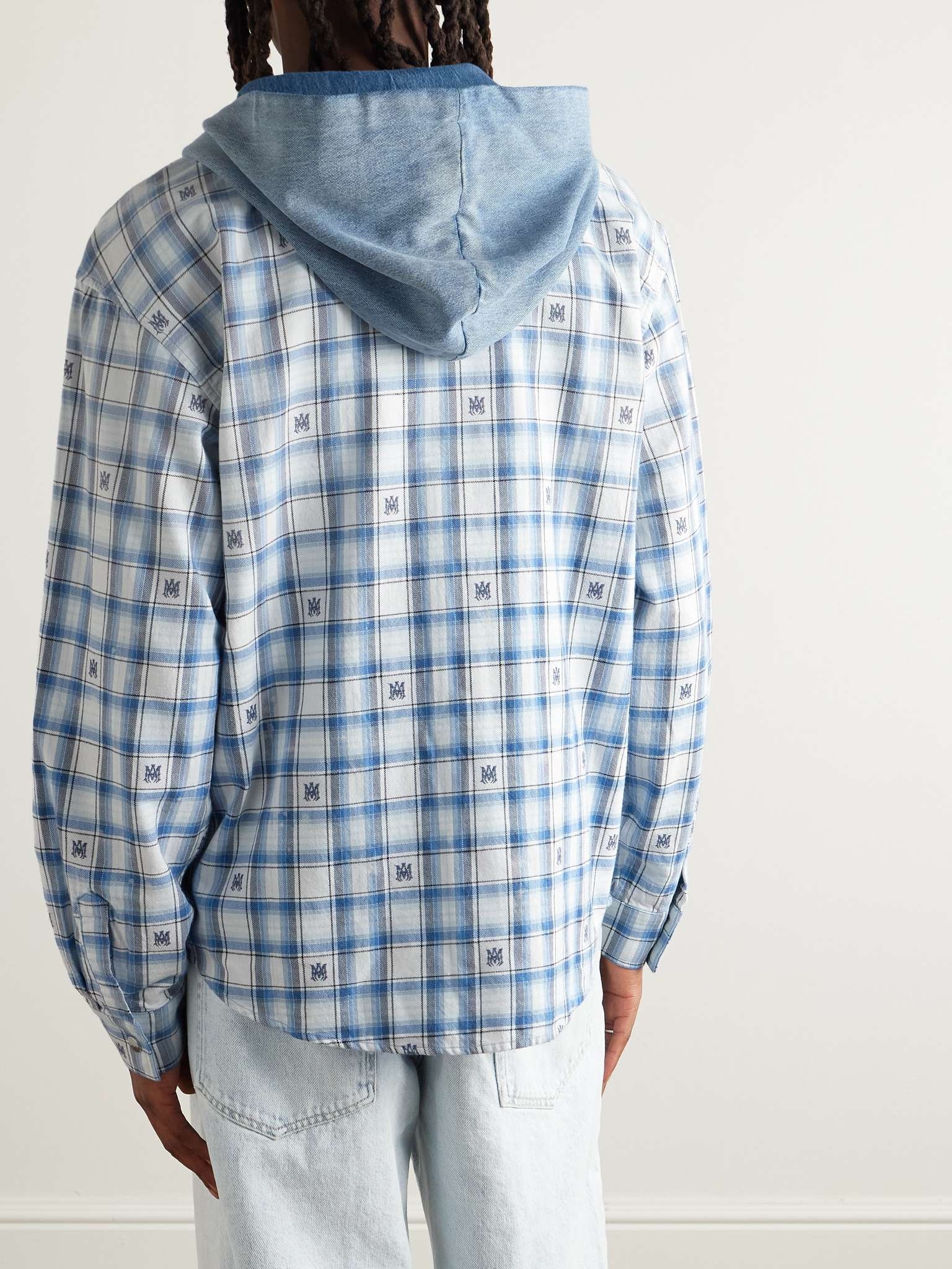 Denim-Trimmed Logo-Appliquéd Checked Cotton-Flannel Hooded Overshirt - 4
