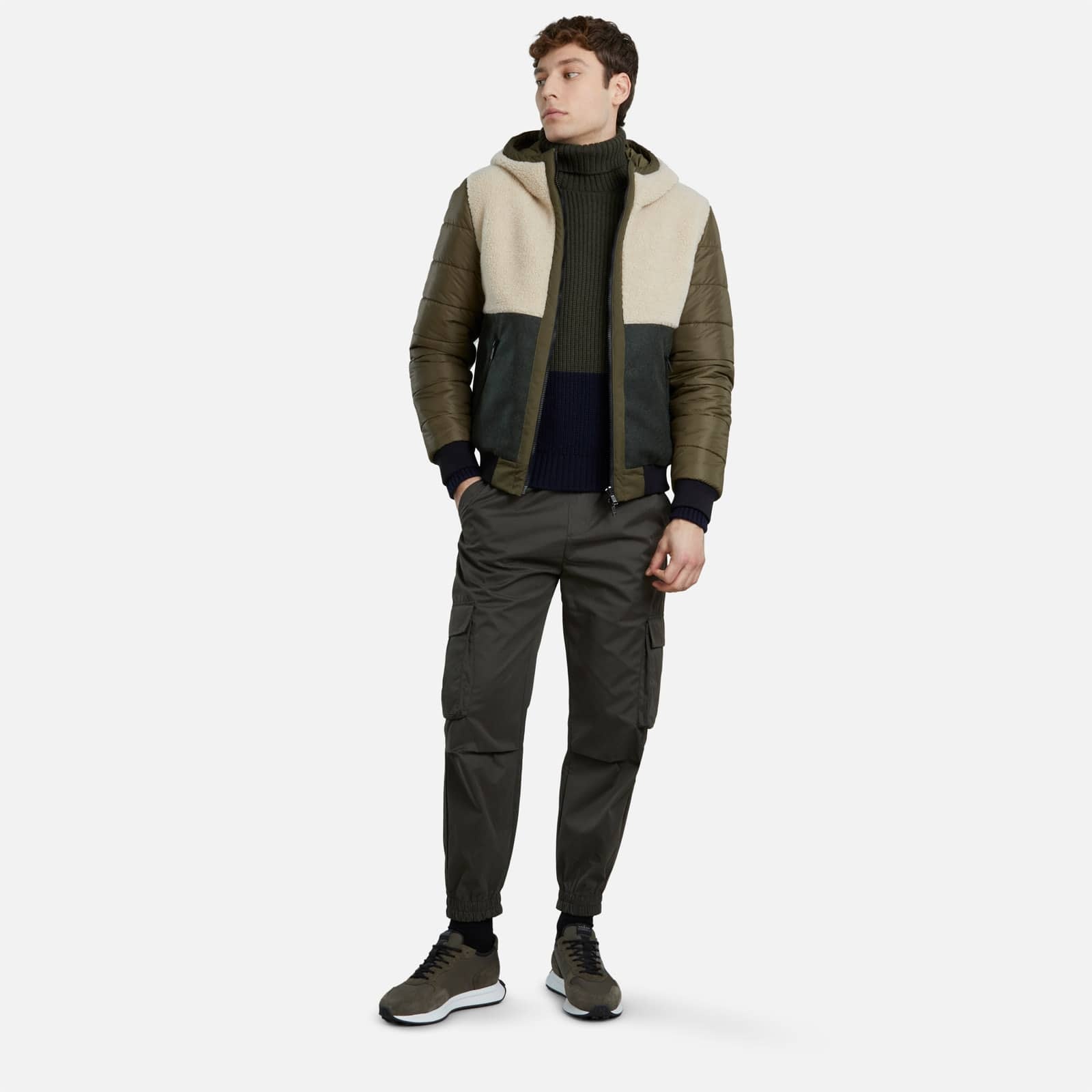 Multimaterial Reversible Bomber Jacket Green Ivory - 3