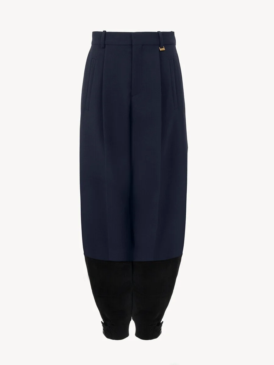 HIGH-RISE BARREL PANTS IN WOOL CRÊPE & SUEDE LEATHER - 1