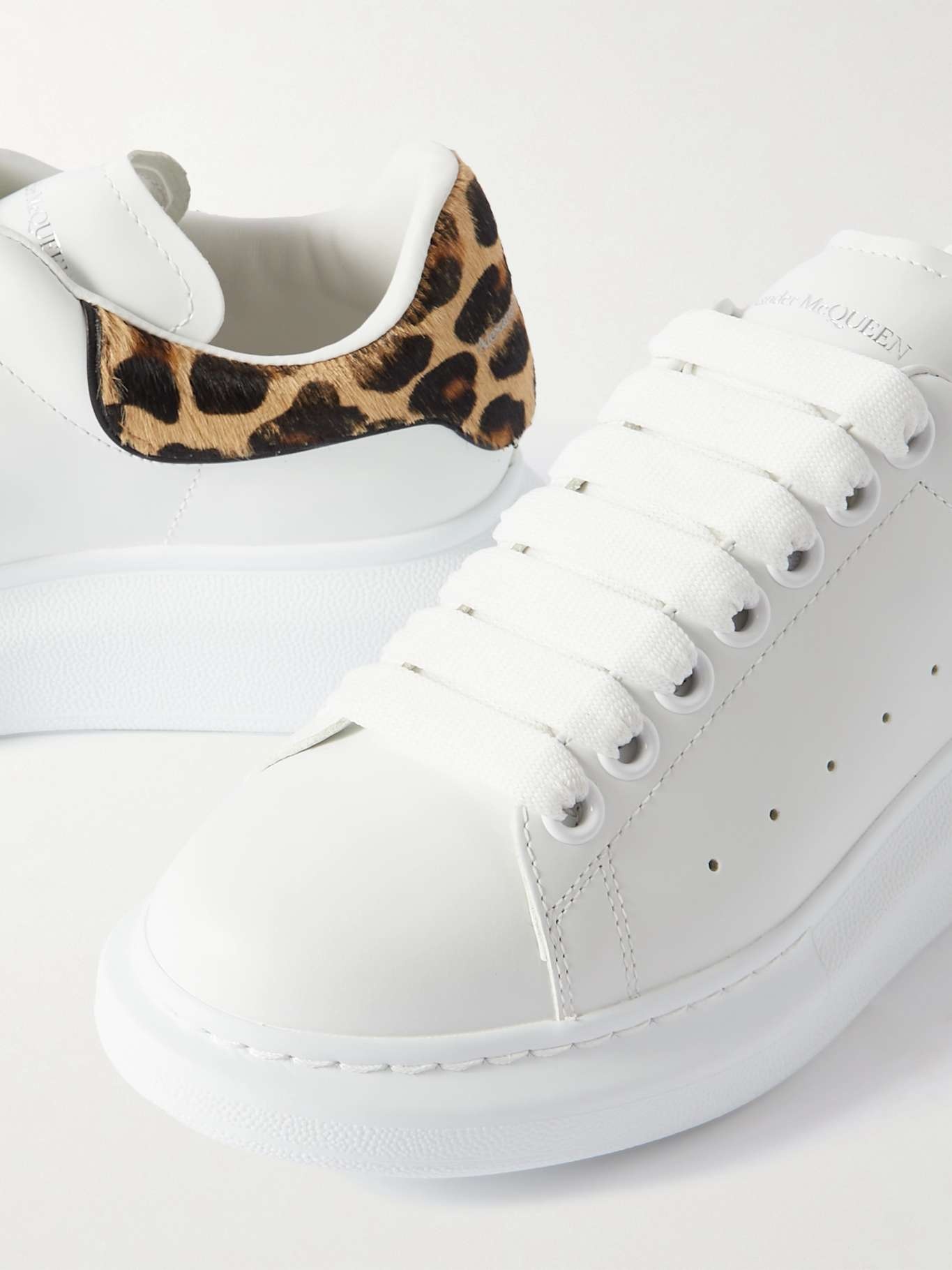 Leopard-print calf hair-trimmed leather exaggerated-sole sneakers - 4