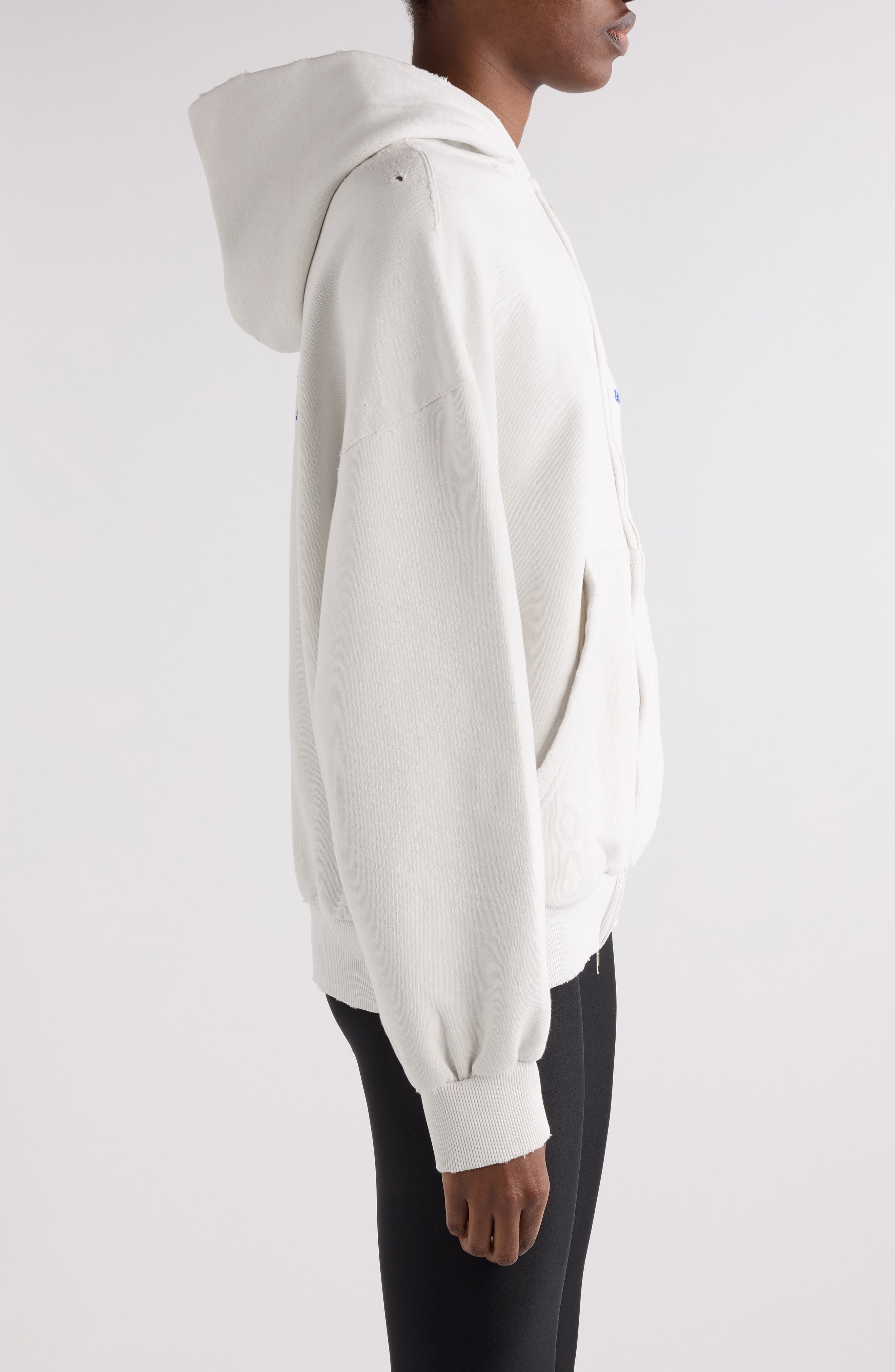 Balenciaga Logo Embroidered Distressed Dry Fleece Zip Hoodie in 8016 Dirty Wht/Sport Blue at Nordstr - 3