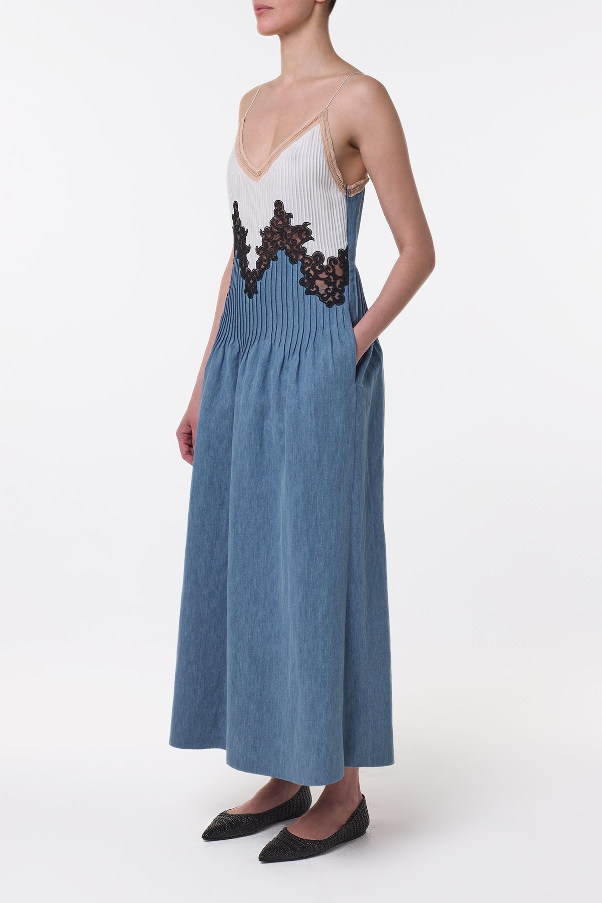 Althea Lace Slip Maxi Dress in Light Blue Recycled Cotton Linen - 4