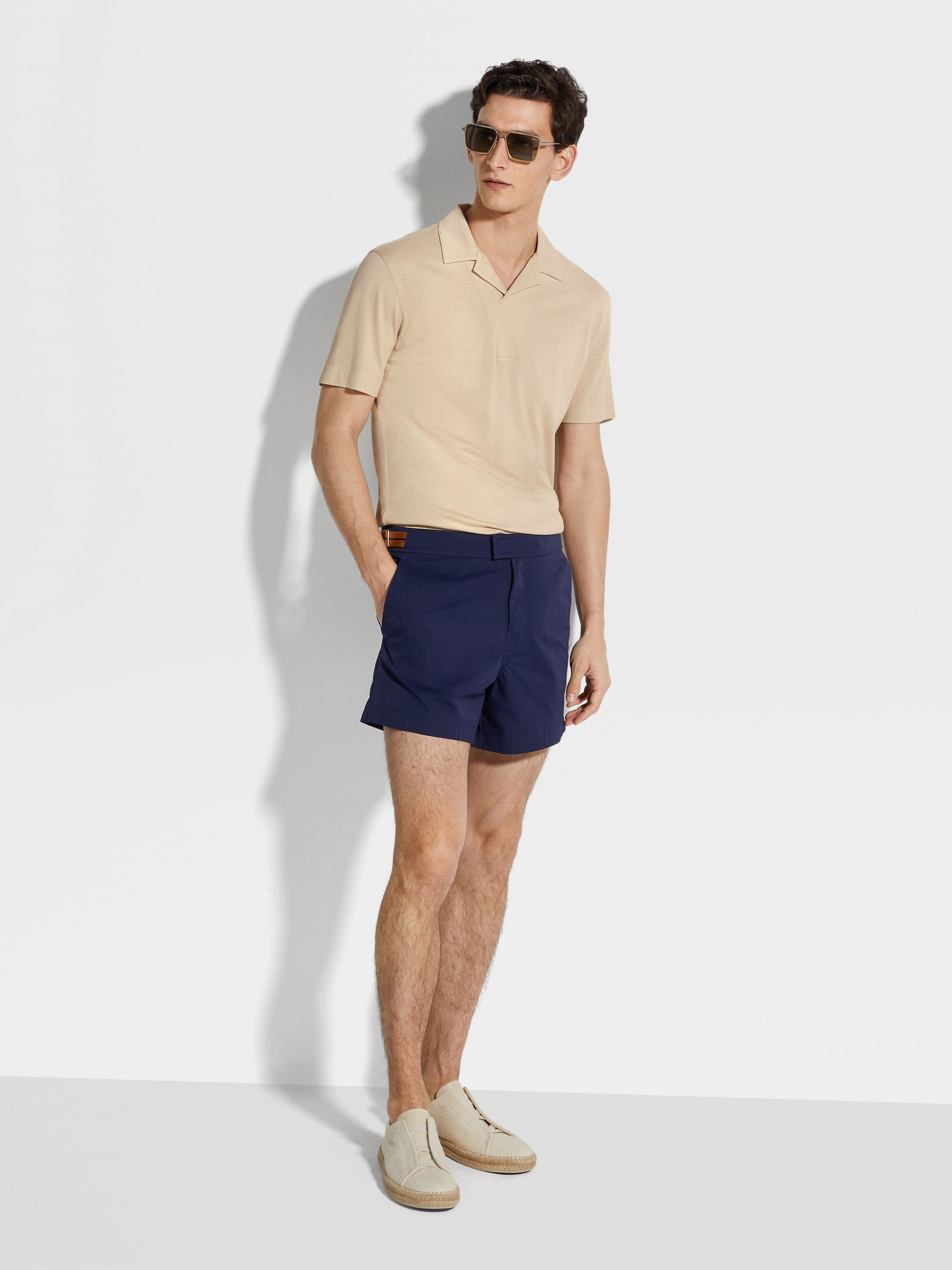 LIGHT BEIGE SILK AND COTTON PIQUET POLO SHIRT - 3