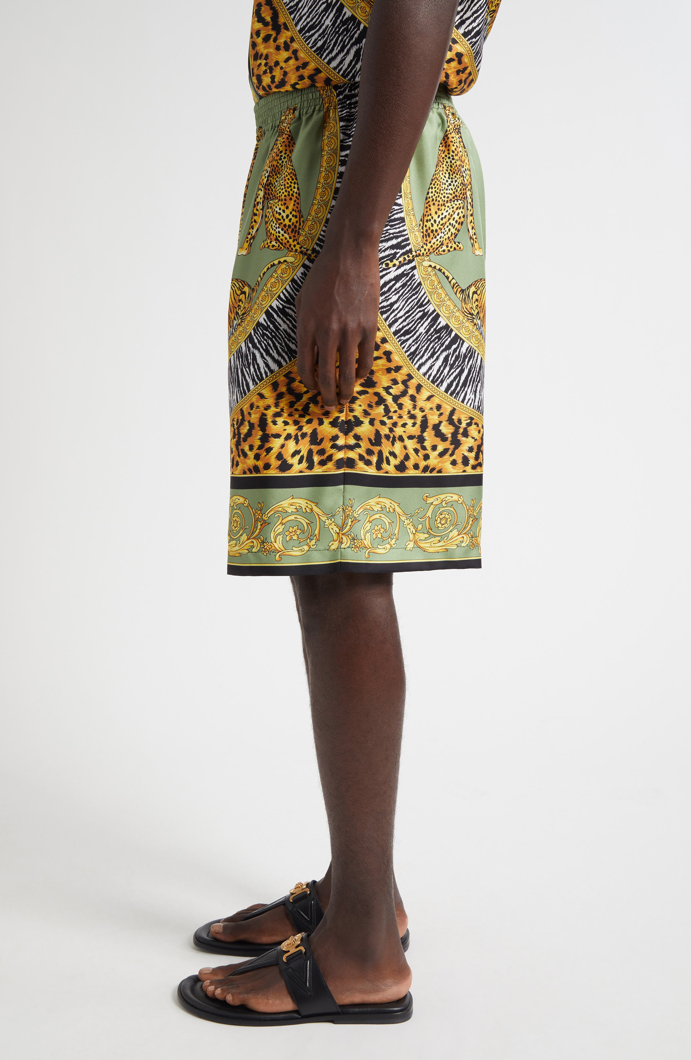 Versace Wild Cats Print Silk Twill Shorts in Green Black at Nordstrom - 3