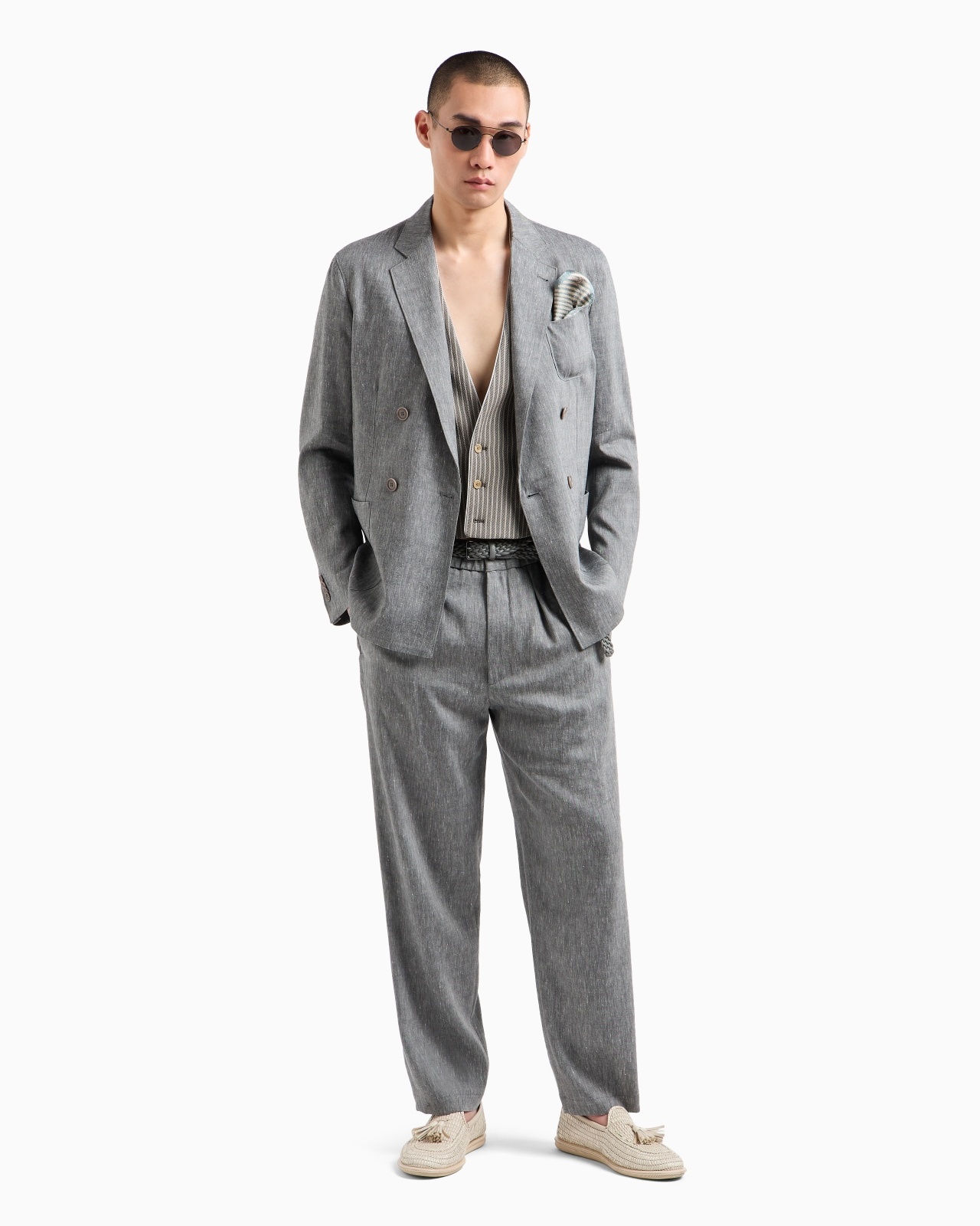 SINGLE-PLEAT, DENIM-EFFECT LINEN AND VIRGIN WOOL TROUSERS - 2