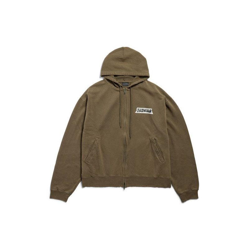 Men's Masking Tape Oversized Zip-up Hoodie in Khaki 1