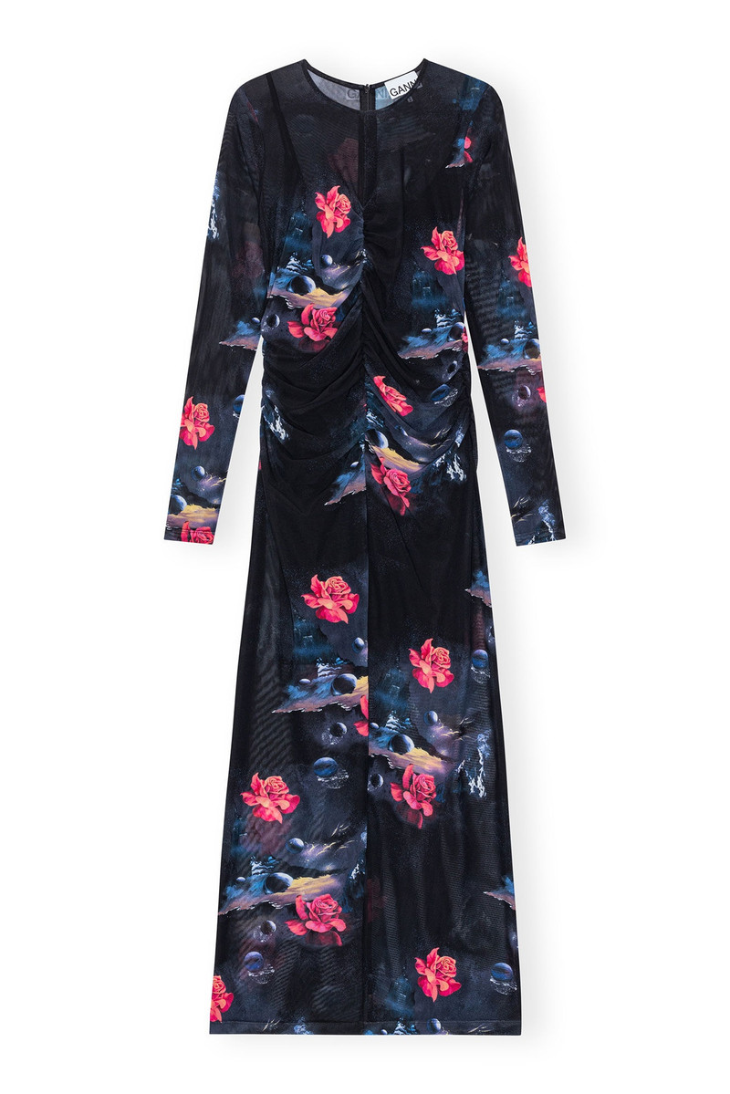 PRINTED MESH O-NECK RUCHED LONG DRESS 1