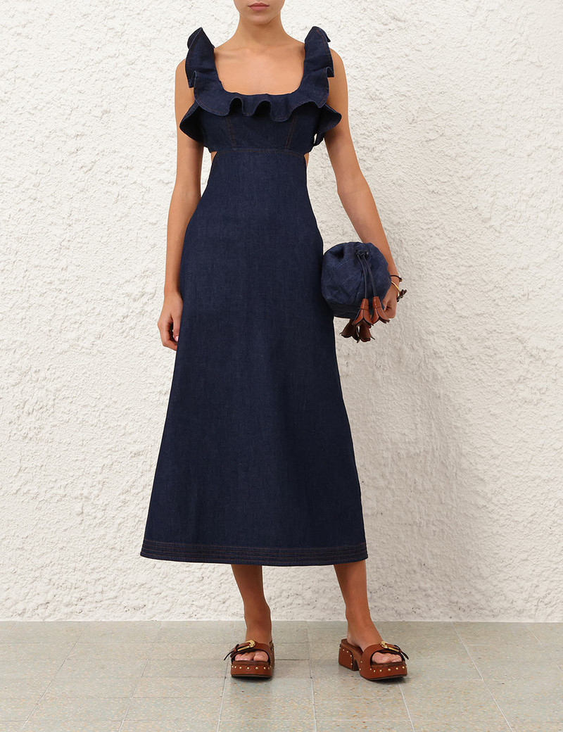 Zimmermann ASTER DENIM FRILL MIDI DRESS outlook