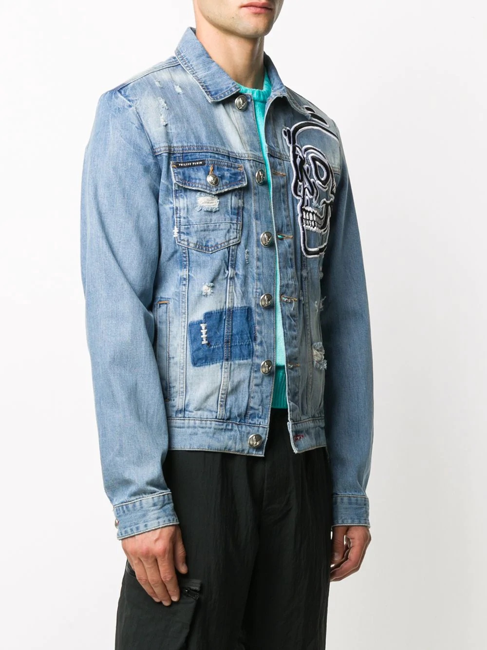 embroidered skull denim jacket  - 3