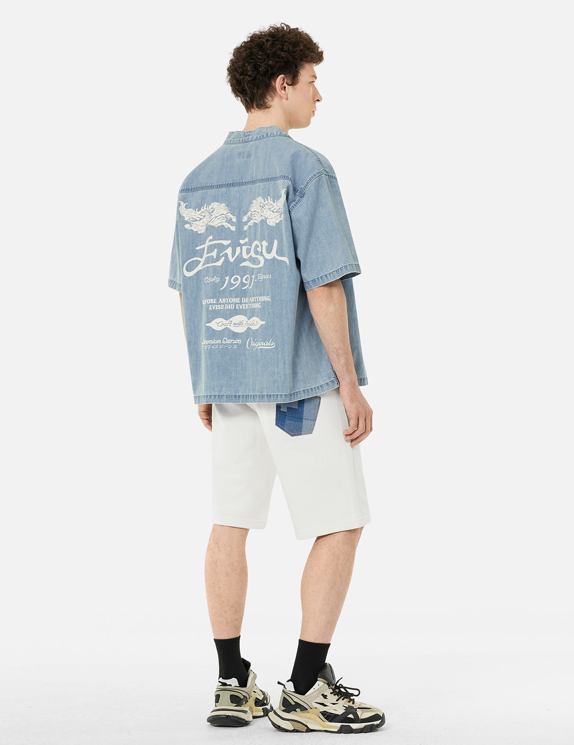 Hakutaku and Logo Print Fashion Fit Denim Baseball Shirt - 4
