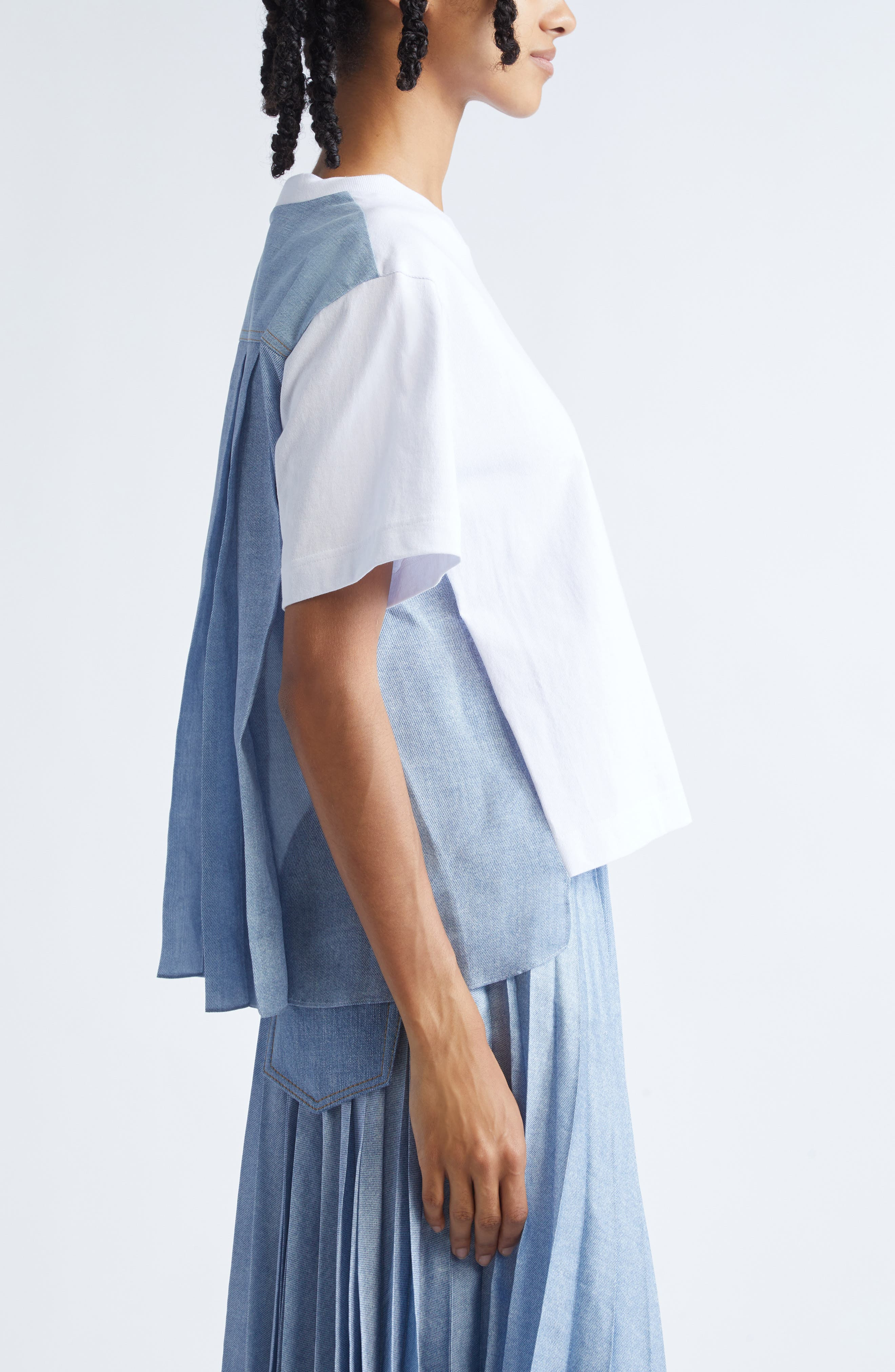 Sacai Mixed Media Jersey & Denim Pocket T-Shirt in Off White/Light Blue at Nordstrom - 4