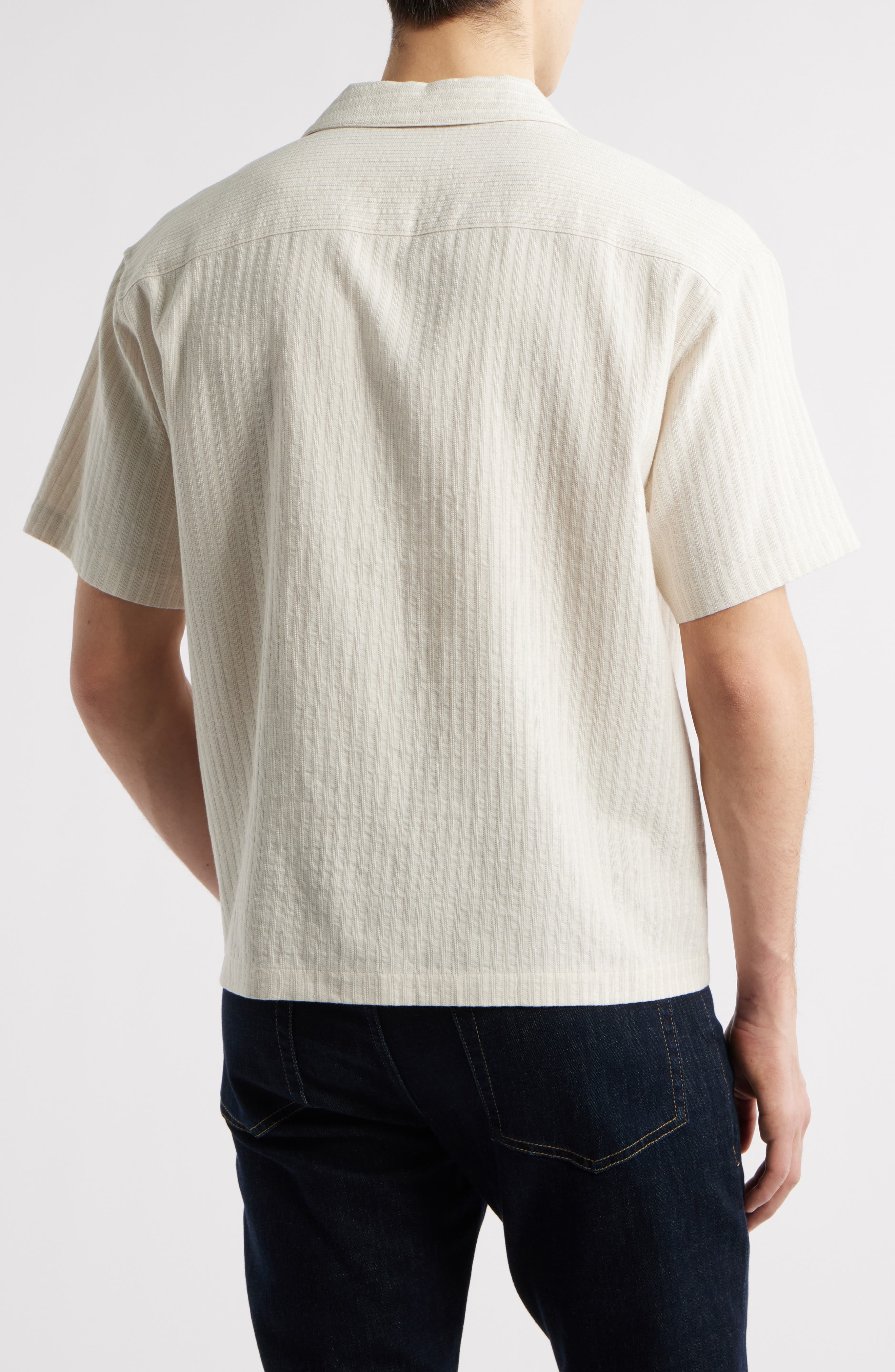 FRAME Jacquard Stripe Cotton Blend Camp Shirt in White Sand at Nordstrom - 3